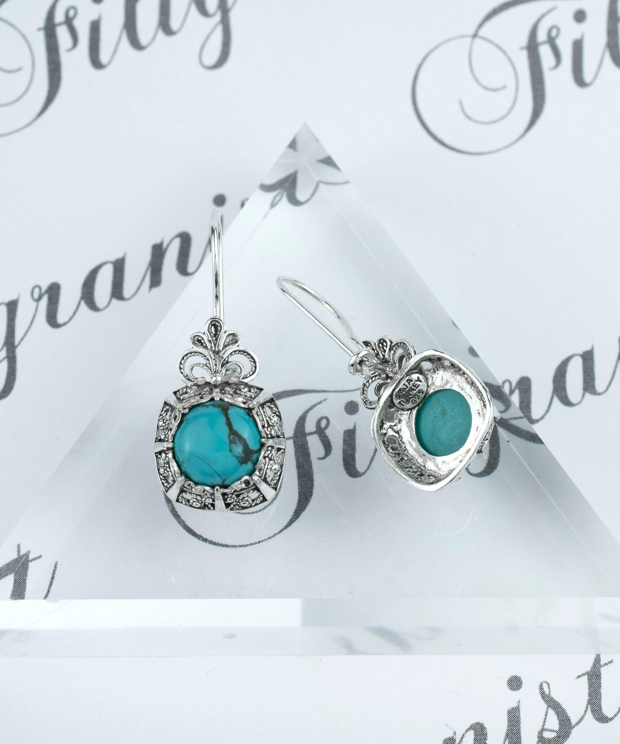 Filigree Art Turquoise Gemstone Women Silver Drop Earrings