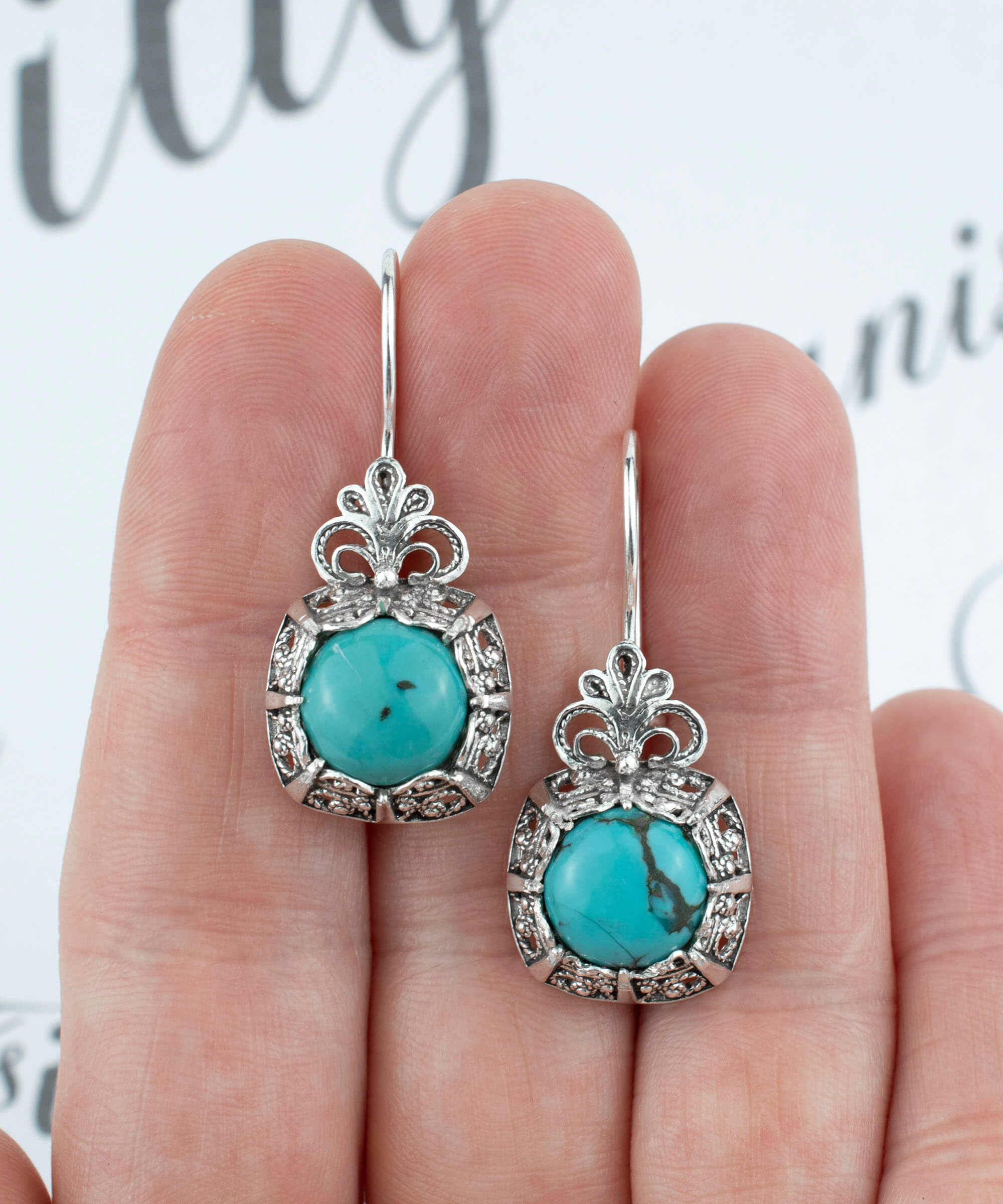 Filigree Art Turquoise Gemstone Women Silver Drop Earrings