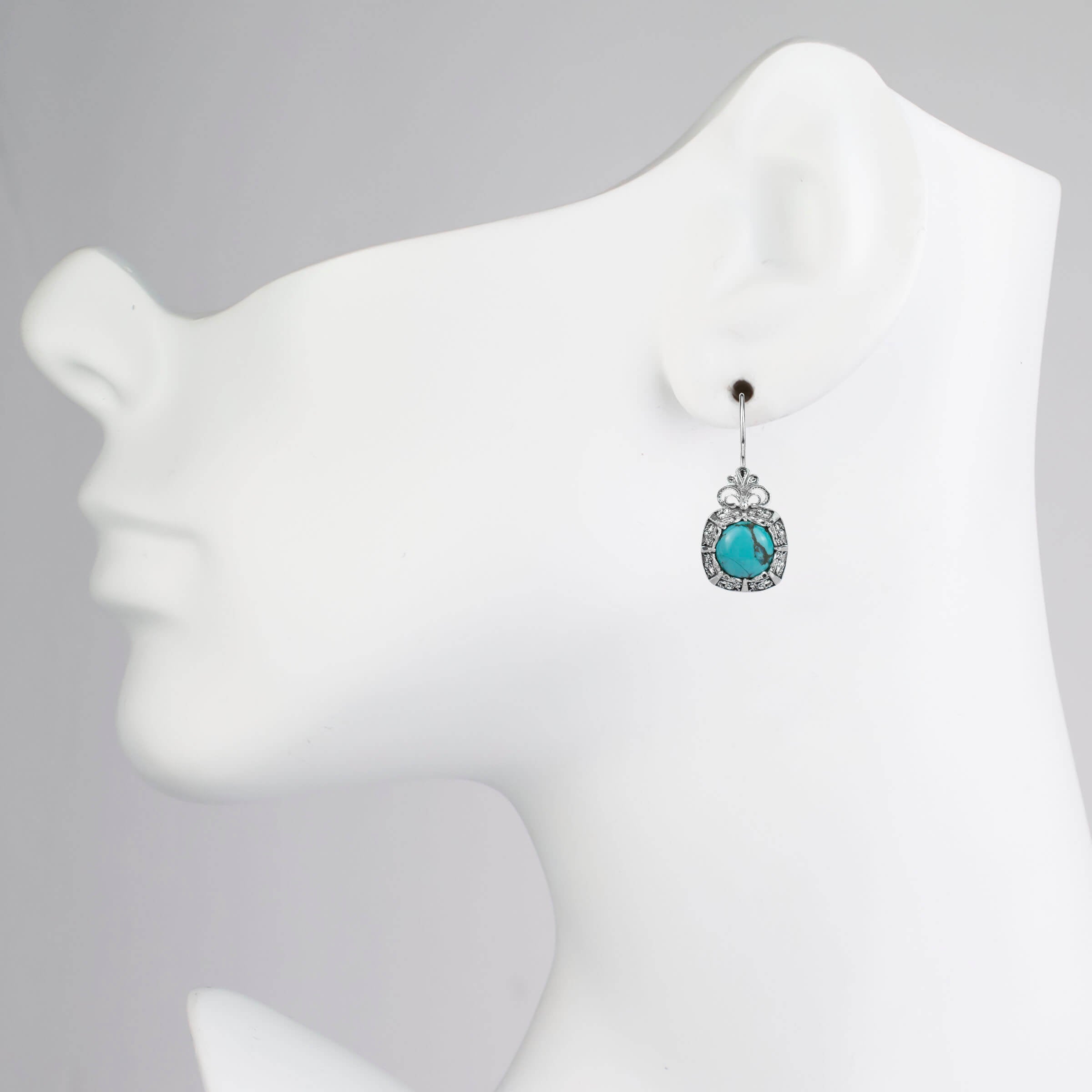 Filigree Art Turquoise Gemstone Women Silver Drop Earrings