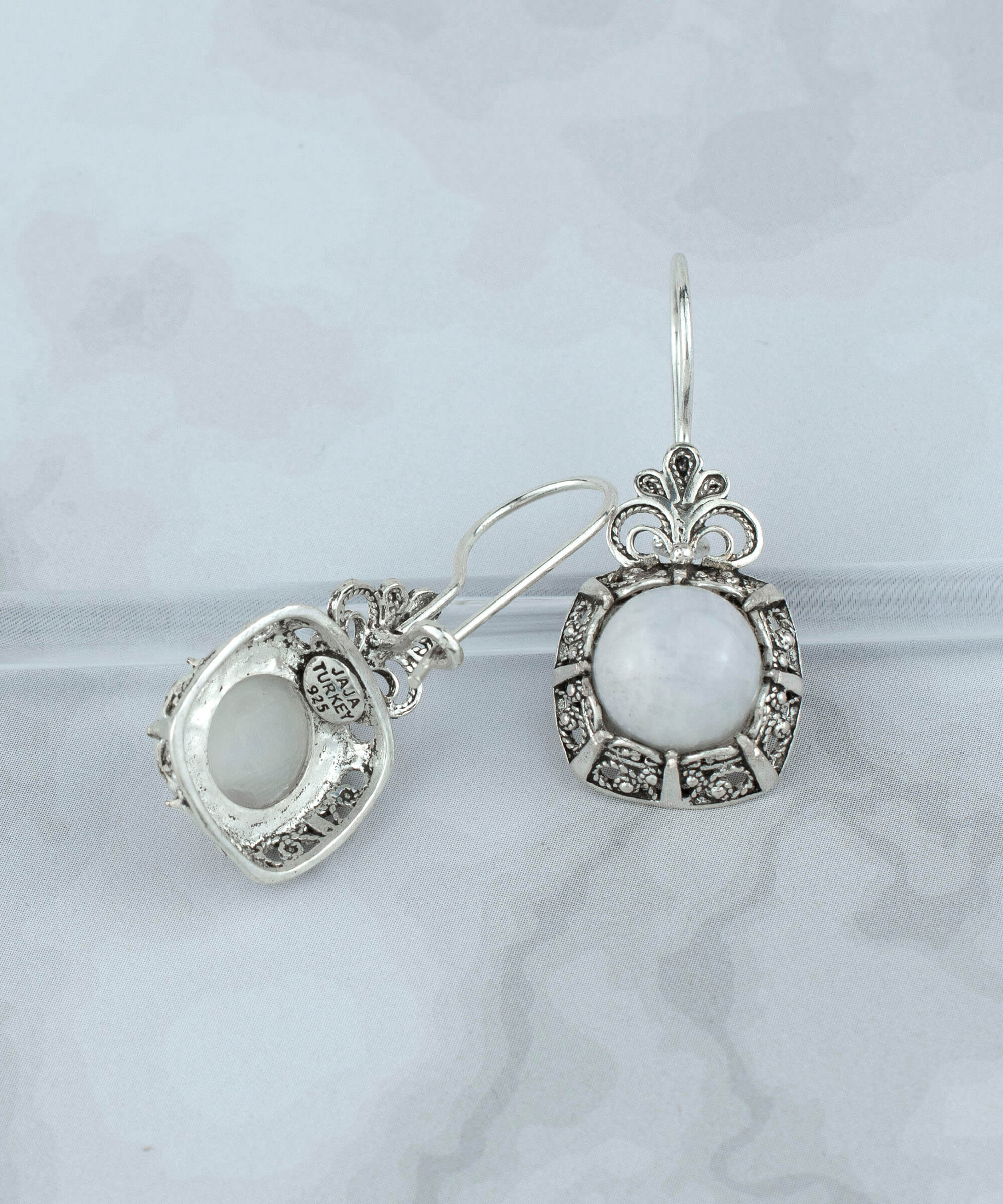 Filigree Art Moonstone Gemstone Women Silver Drop Earrings