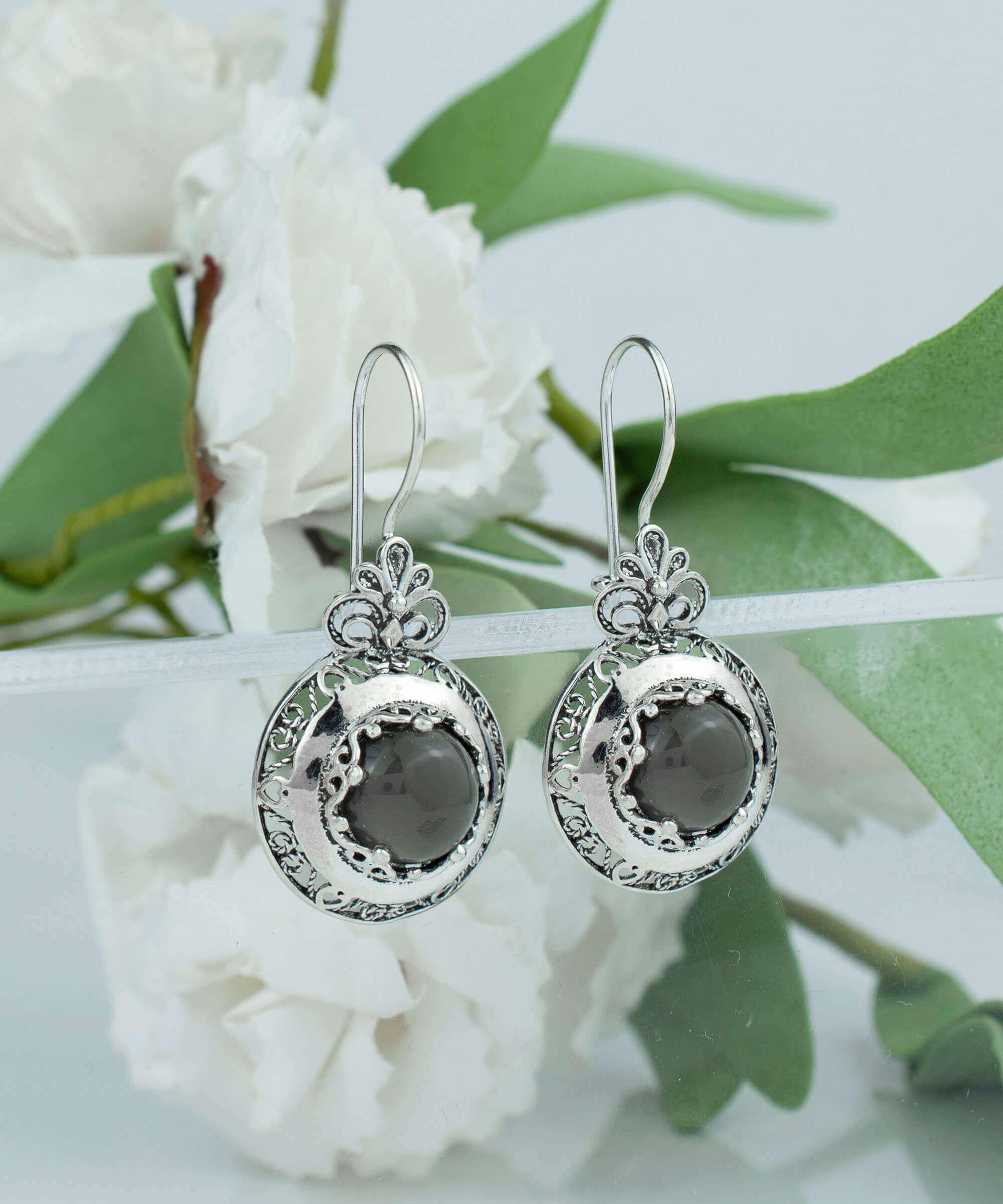 Filigree Art Gray Moonstone Gemstone Floral Design Women Silver Drop