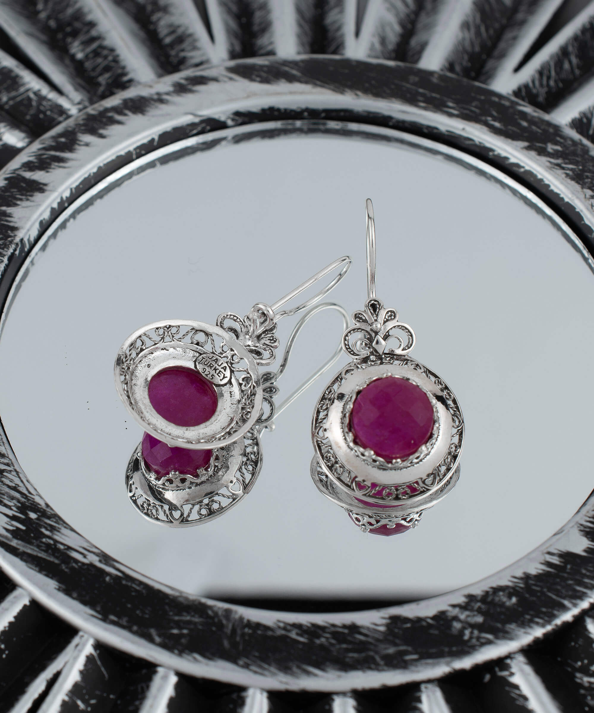 Filigree Art Ruby Corundum Gemstone Floral Design Women Silver Drop