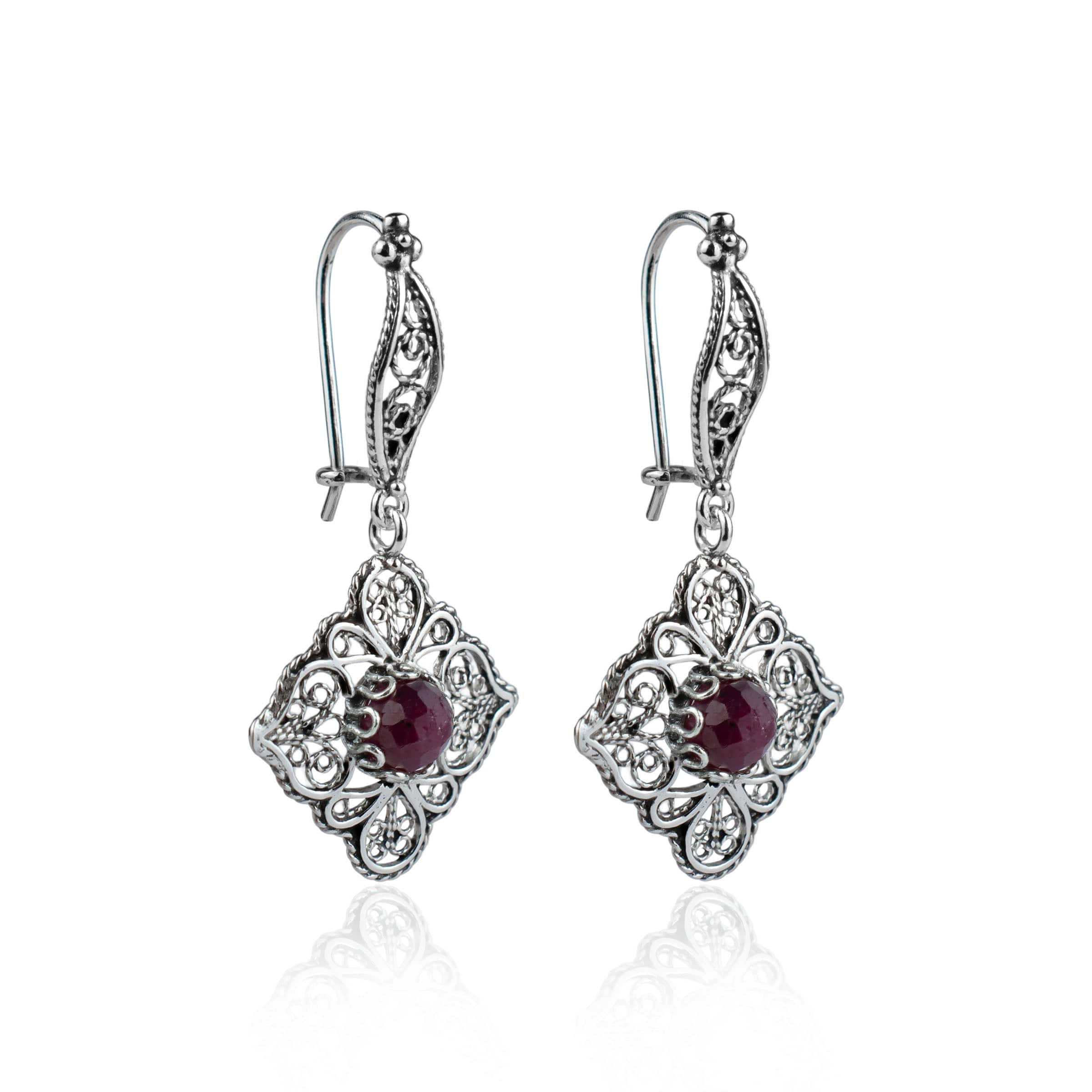 Sterling Silver Filigree Art Ruby Corundum Gemstone Women Dangle Drop