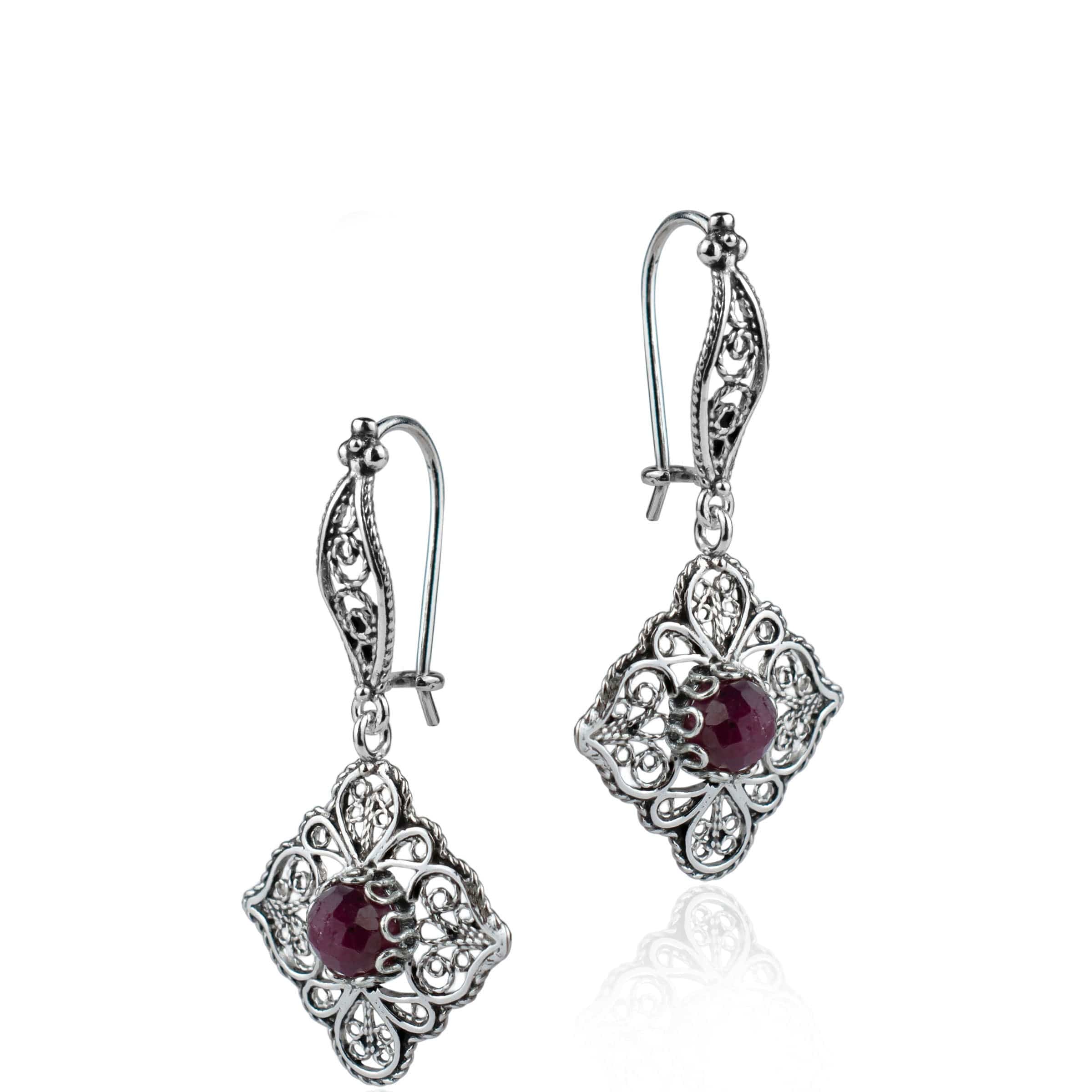 Sterling Silver Filigree Art Ruby Corundum Gemstone Women Dangle Drop