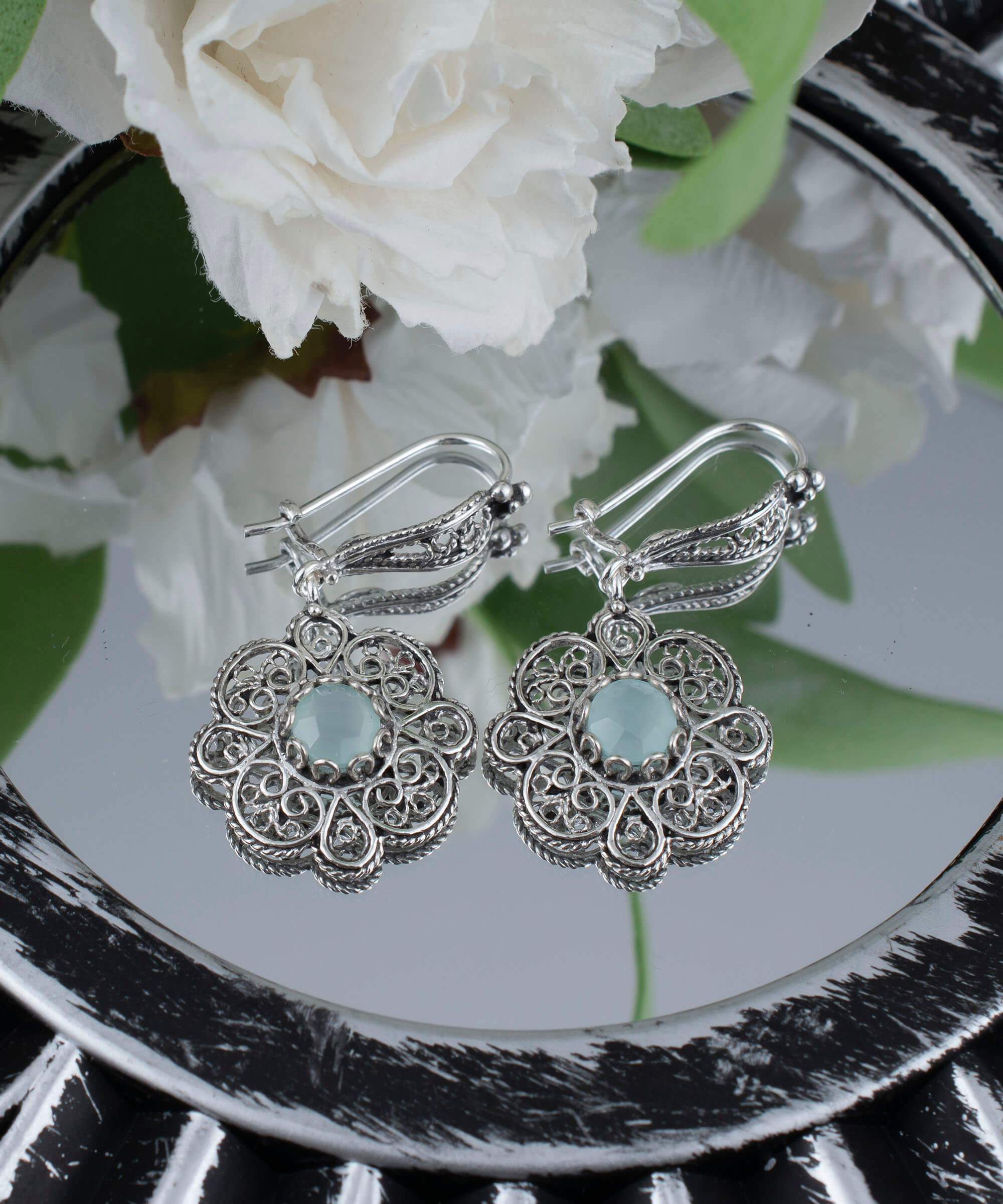 Sterling Silver Filigree Art Aqua Chalcedony Gemstone Women Dangle