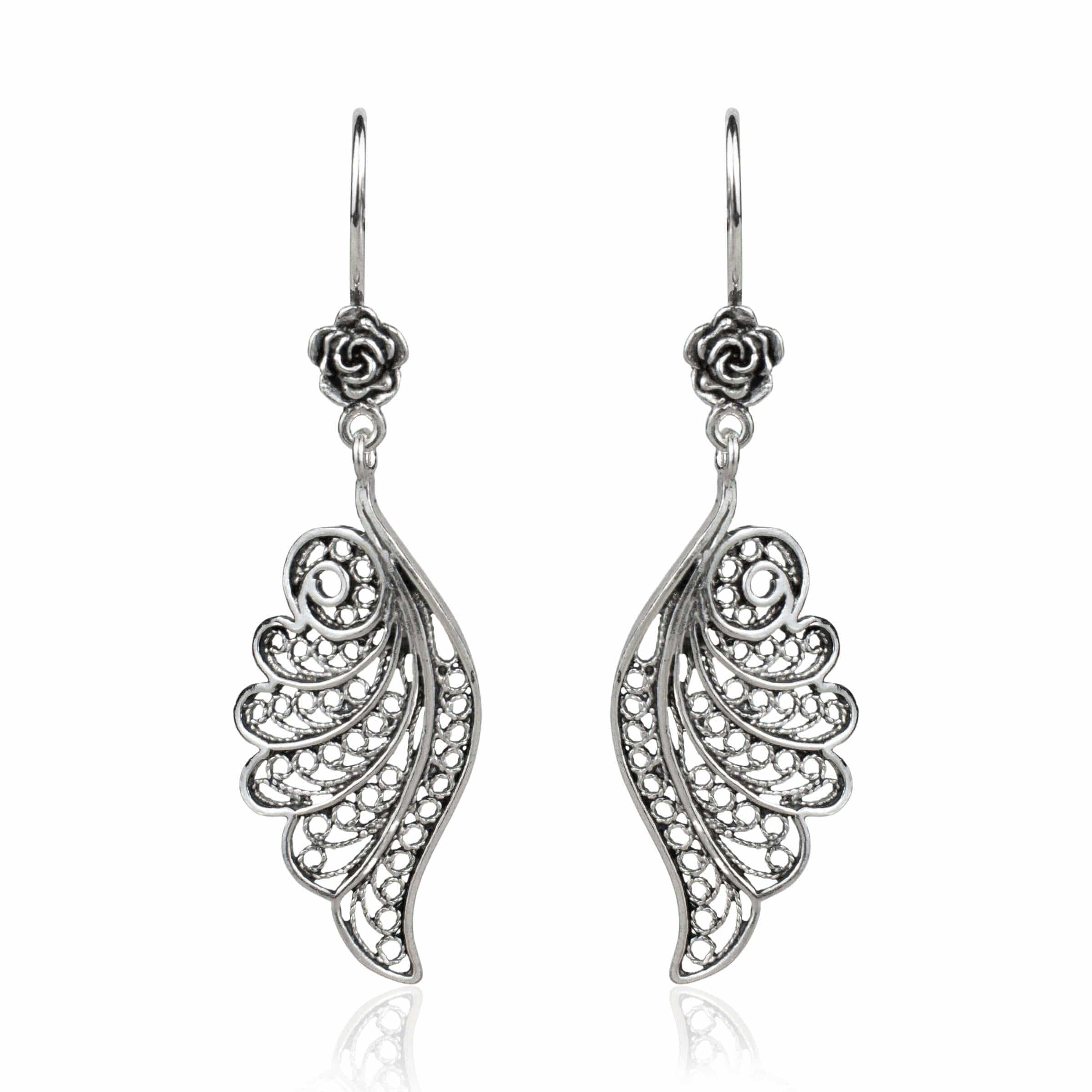 Filigree Art Angel Wings Women Silver Dangle Drop Earrings