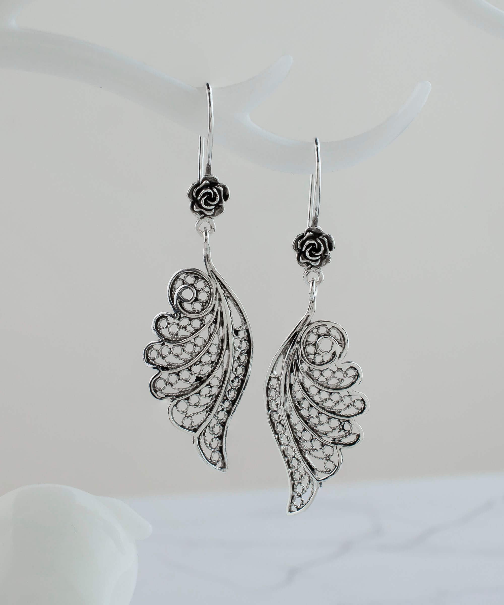 Filigree Art Angel Wings Women Silver Dangle Drop Earrings