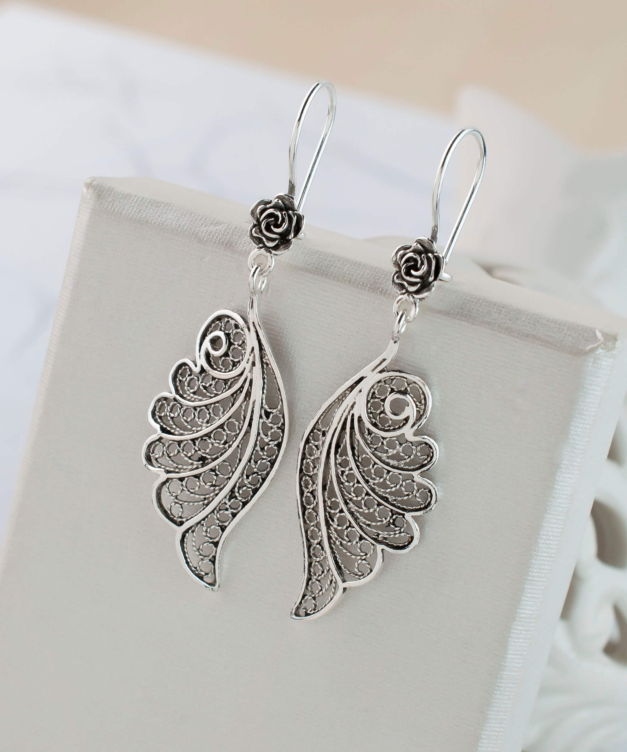 Filigree Art Angel Wings Women Silver Dangle Drop Earrings