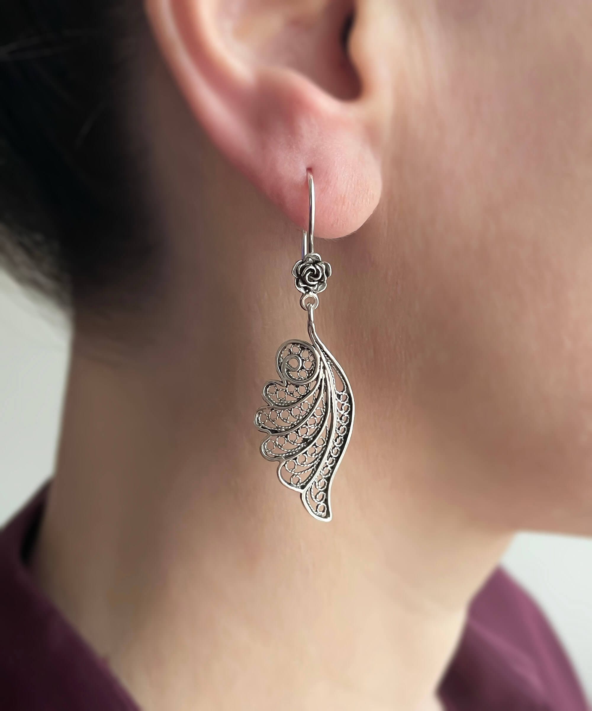 Filigree Art Angel Wings Women Silver Dangle Drop Earrings