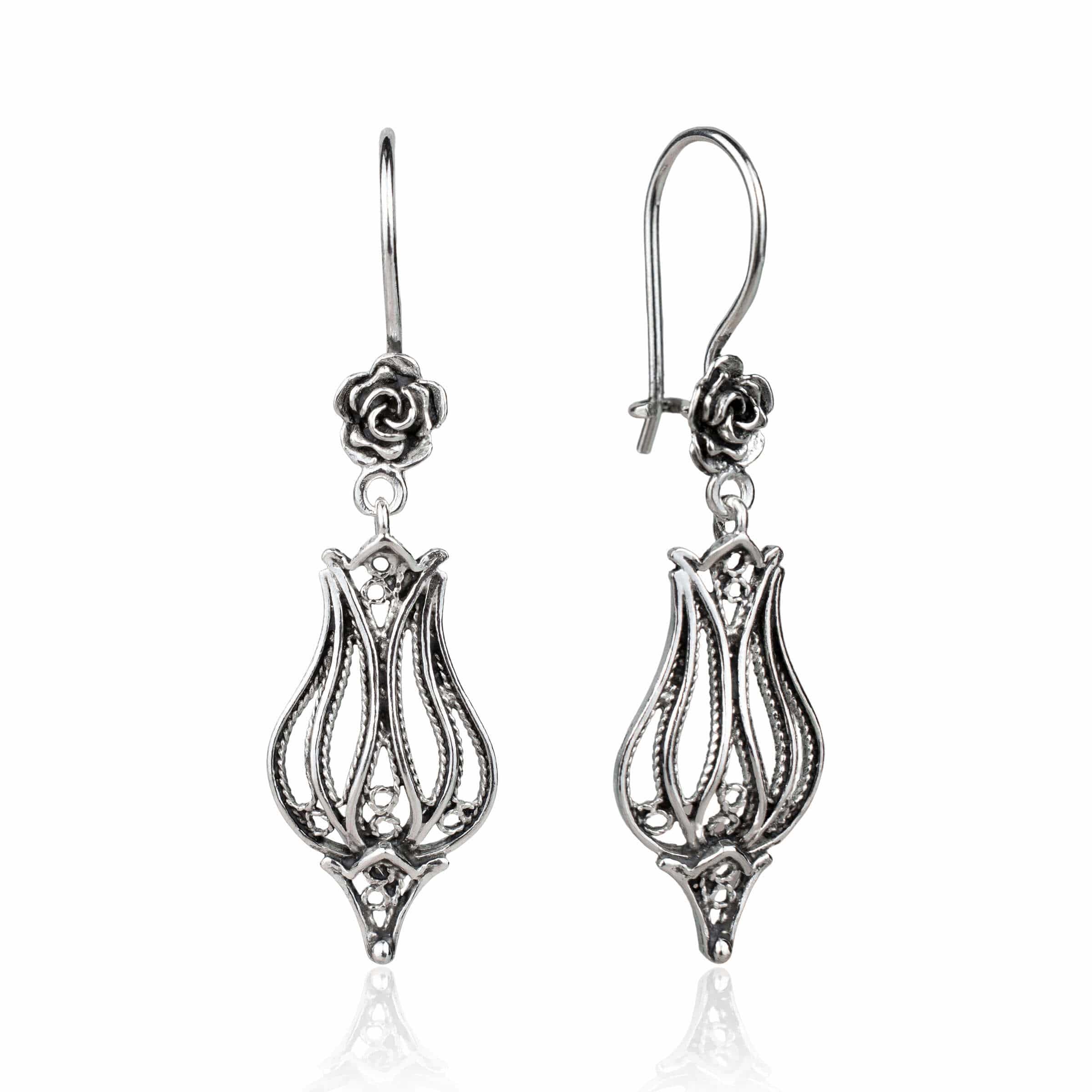 Filigree Art Tulip Design Women Sterling Silver Dangle Drop Earrings