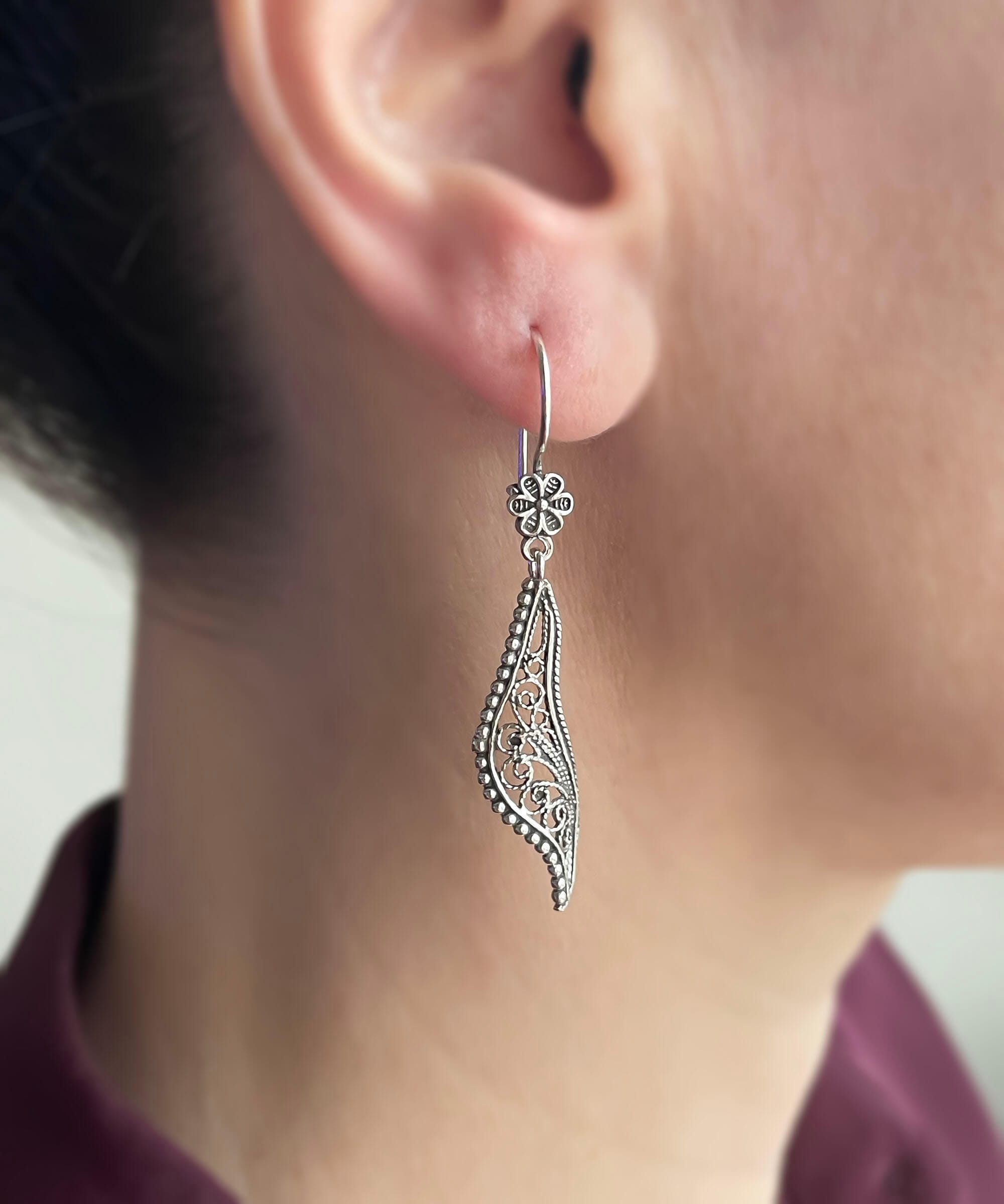 Filigree Art Twisted Design Women Sterling Silver Dangle Drop Earrings