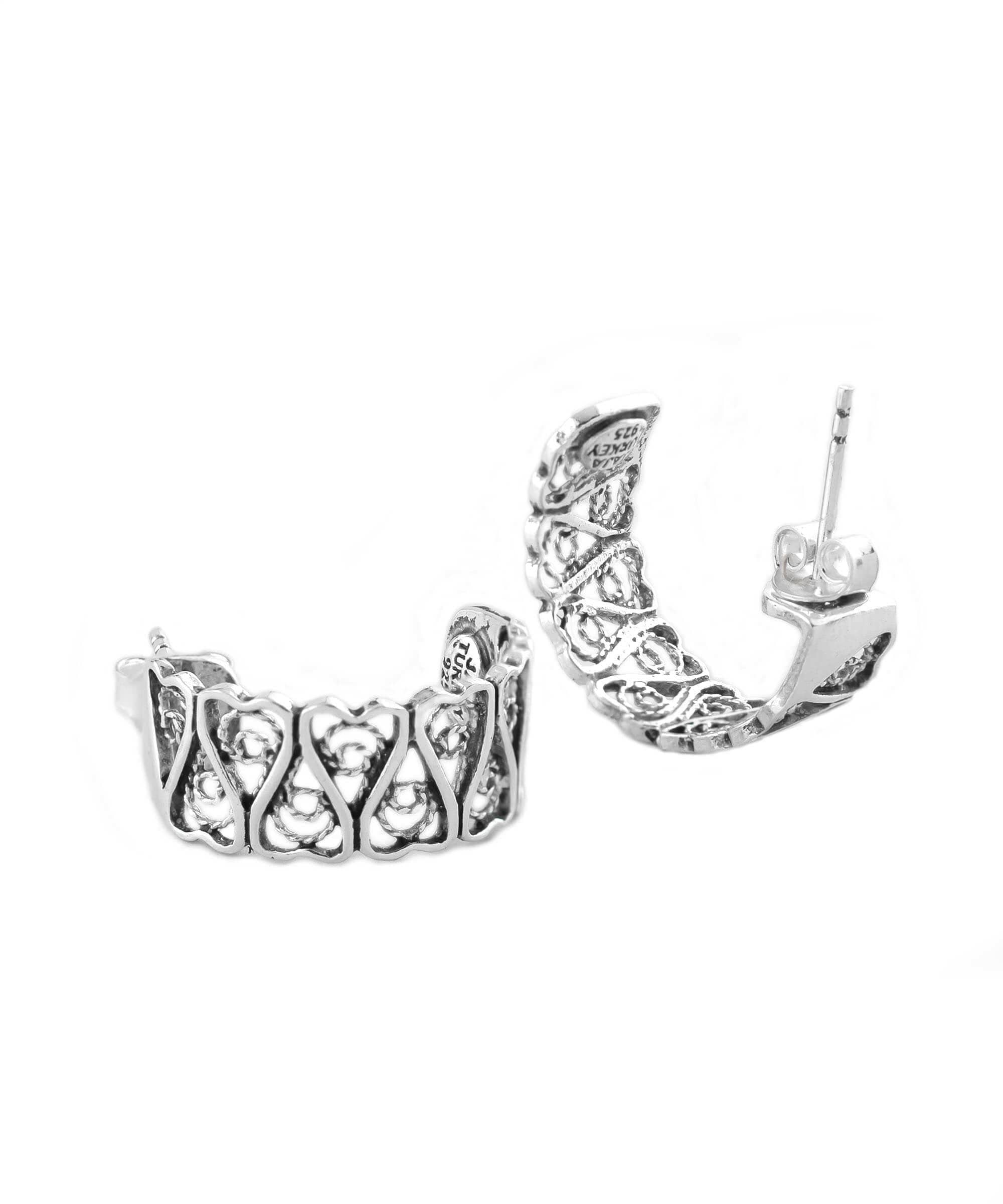 Sterling Silver Filigree Tulip Design C-Hoop Stud Earrings for Women