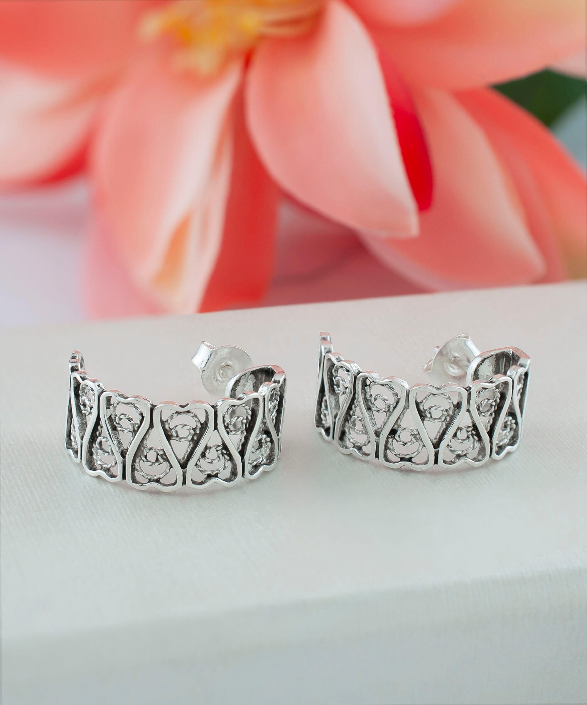 Sterling Silver Filigree Tulip Design C-Hoop Stud Earrings for Women