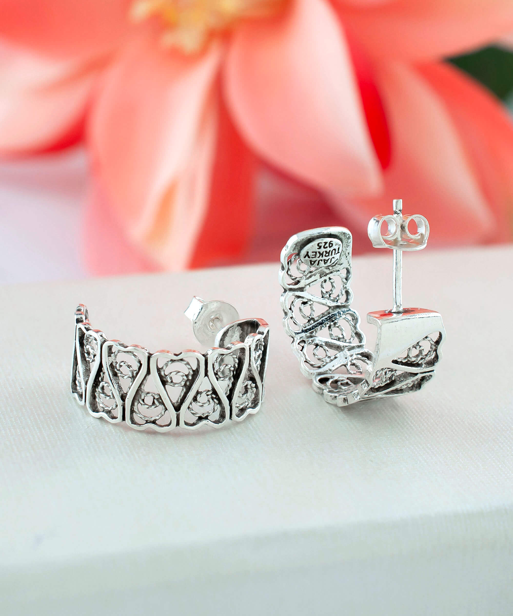 Sterling Silver Filigree Tulip Design C-Hoop Stud Earrings for Women