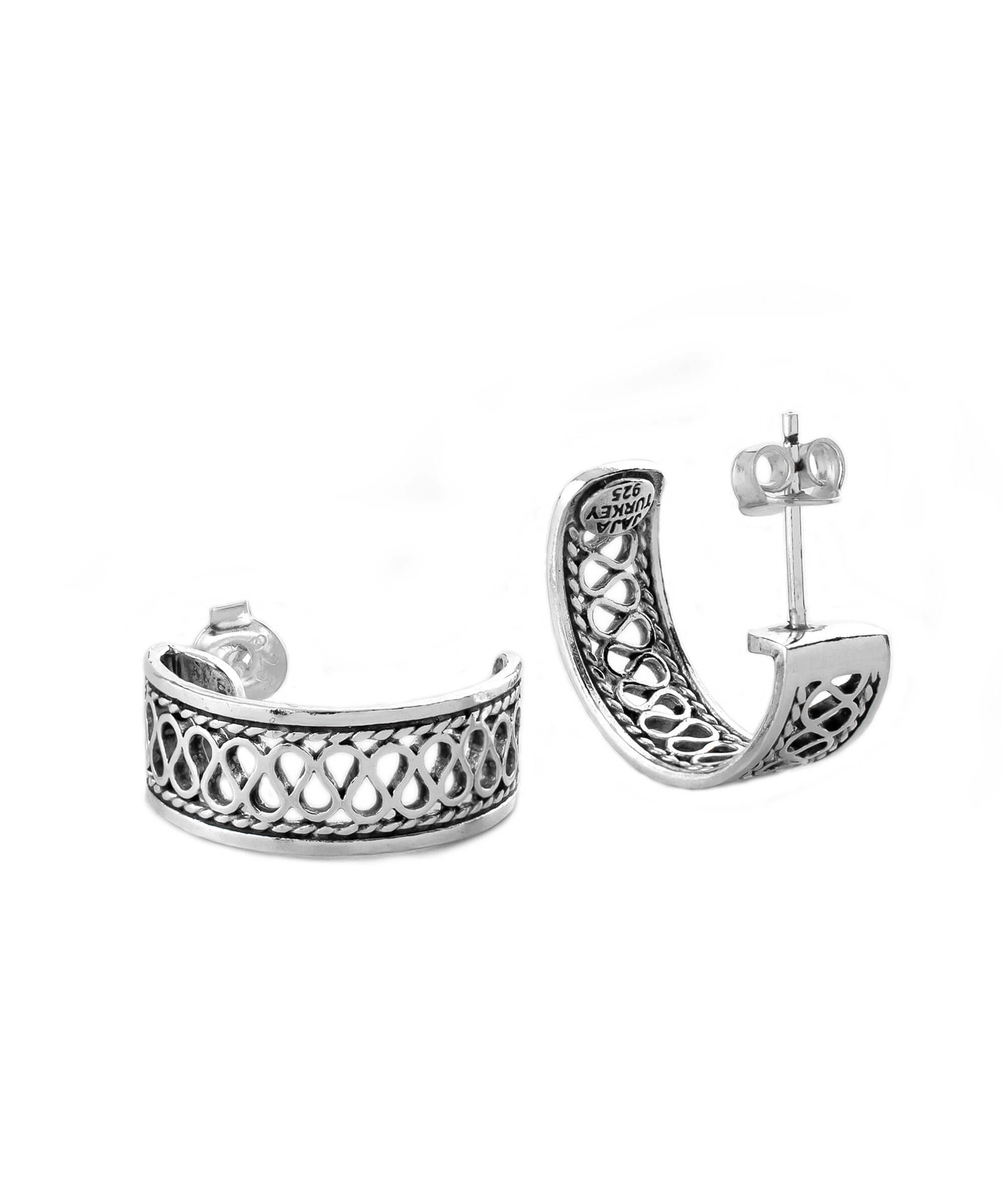 Sterling Silver Filigree Wavy Design C-Hoop Stud Earrings for Women