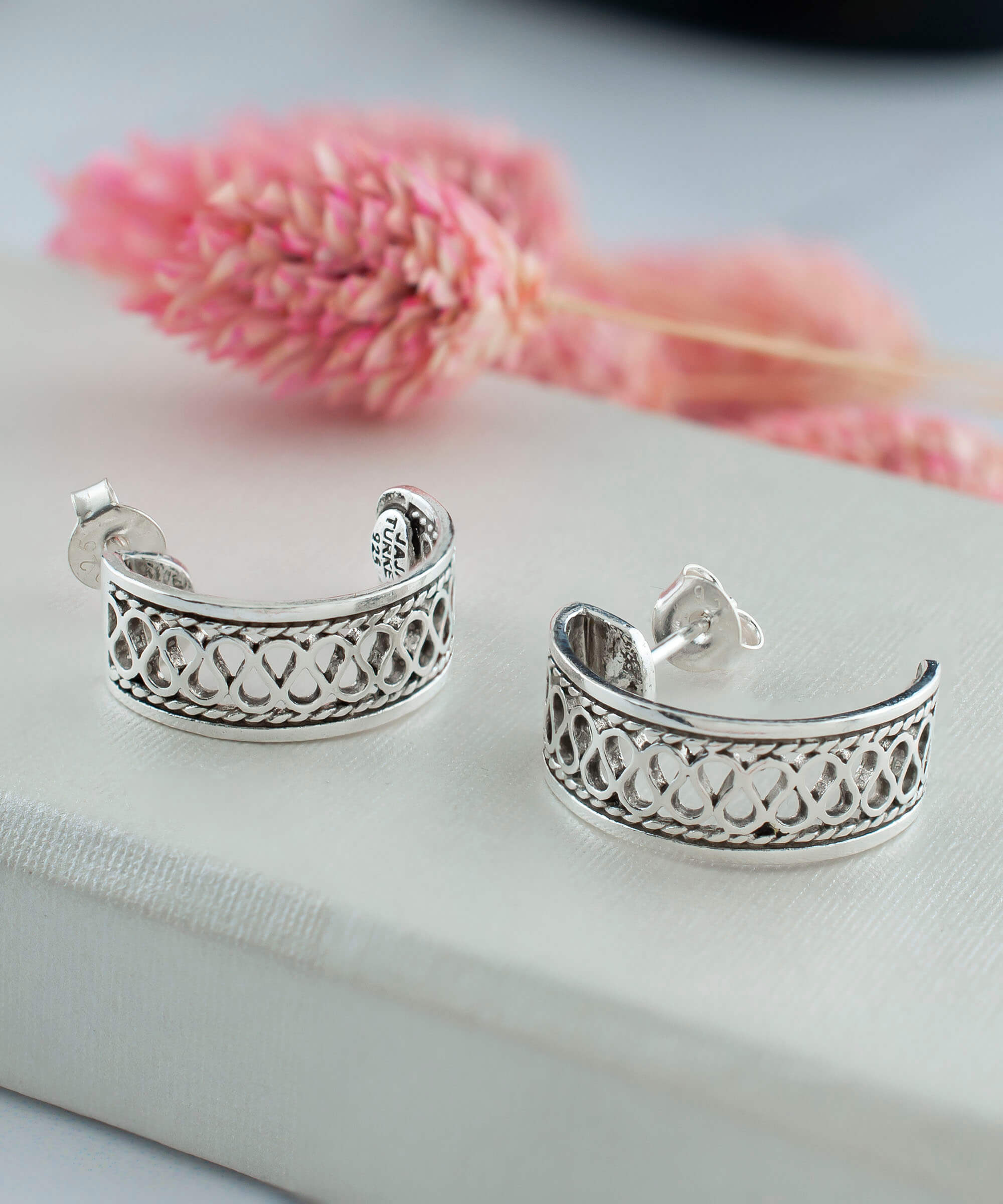 Sterling Silver Filigree Wavy Design C-Hoop Stud Earrings for Women