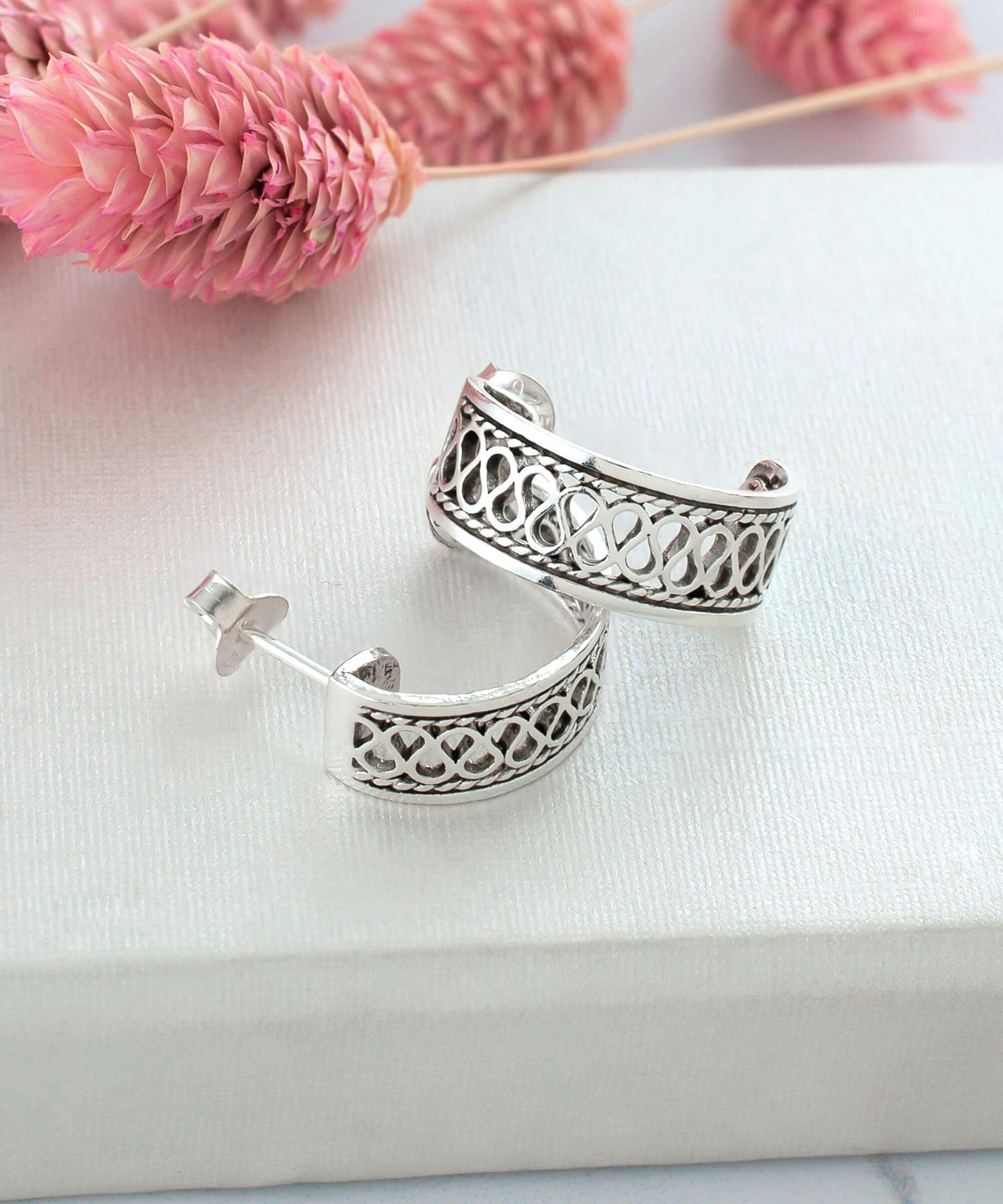 Sterling Silver Filigree Wavy Design C-Hoop Stud Earrings for Women