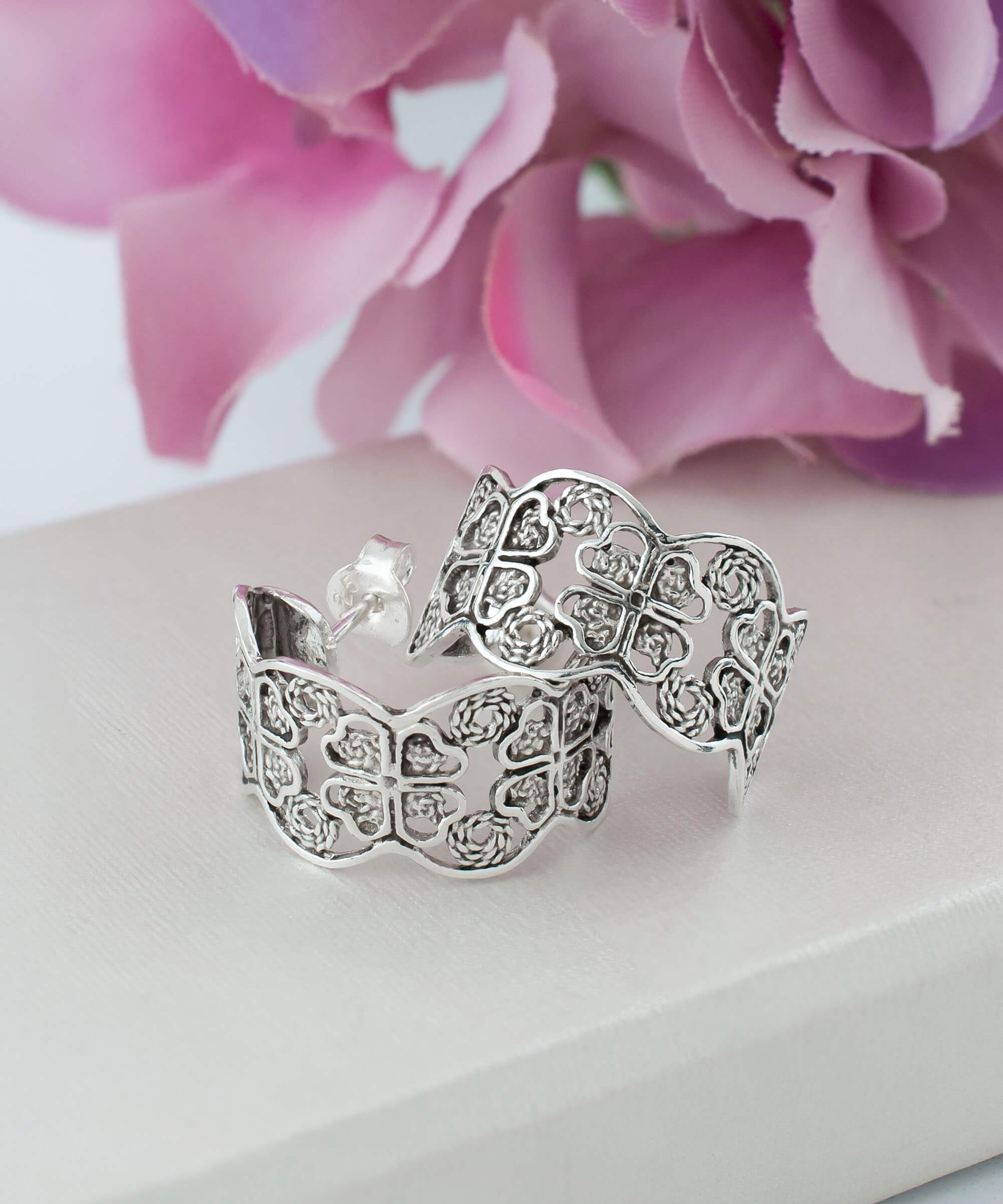 Sterling Silver Filigree Clover Design C-Hoop Stud Earrings for Women