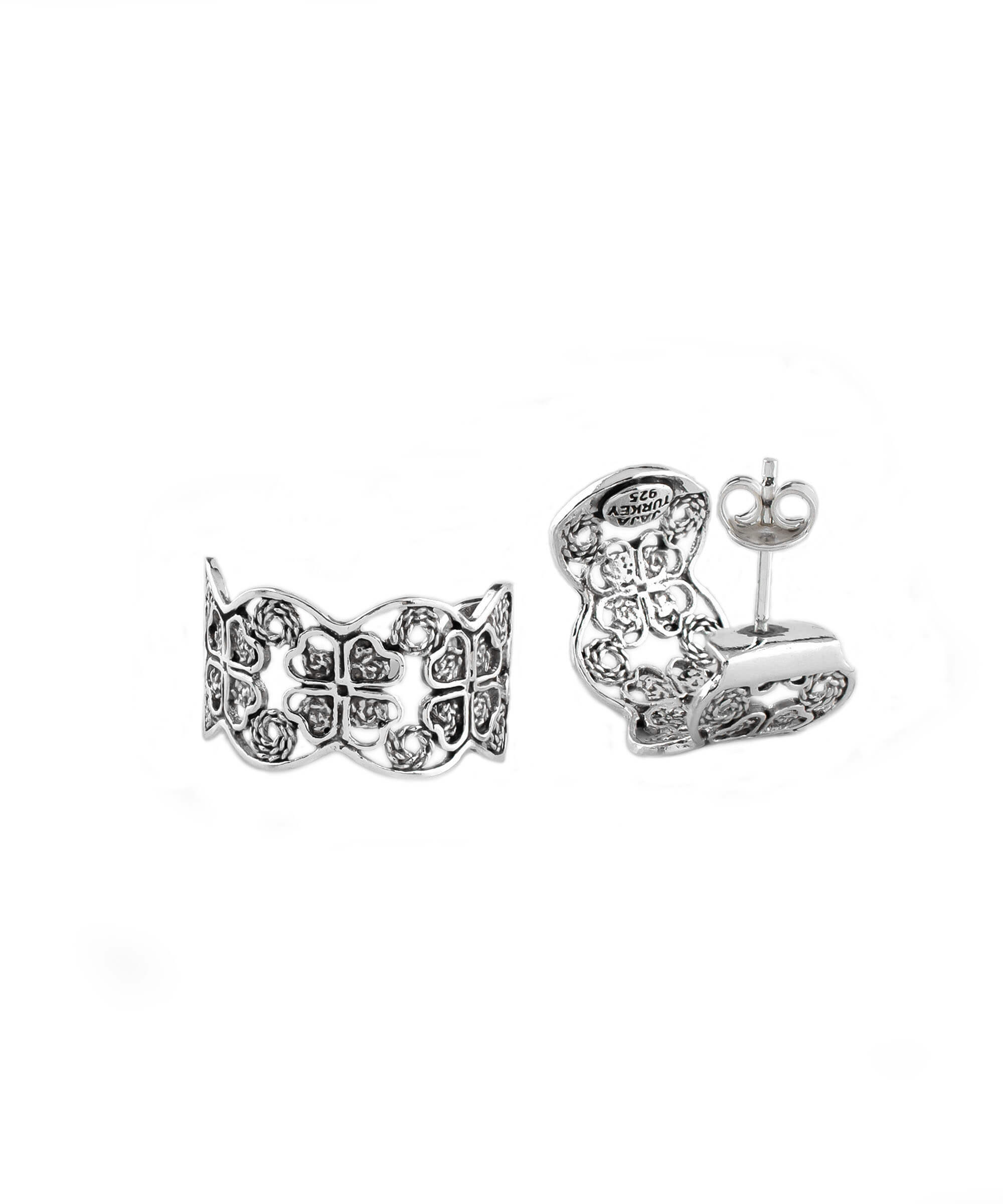 Sterling Silver Filigree Clover Design C-Hoop Stud Earrings for Women