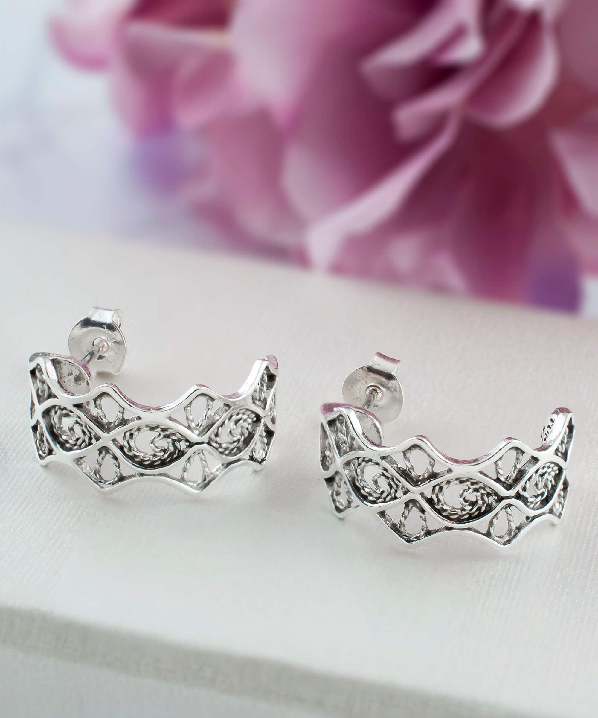 Sterling Silver Filigree Eye of Horus Design C-Hoop Stud Earrings for