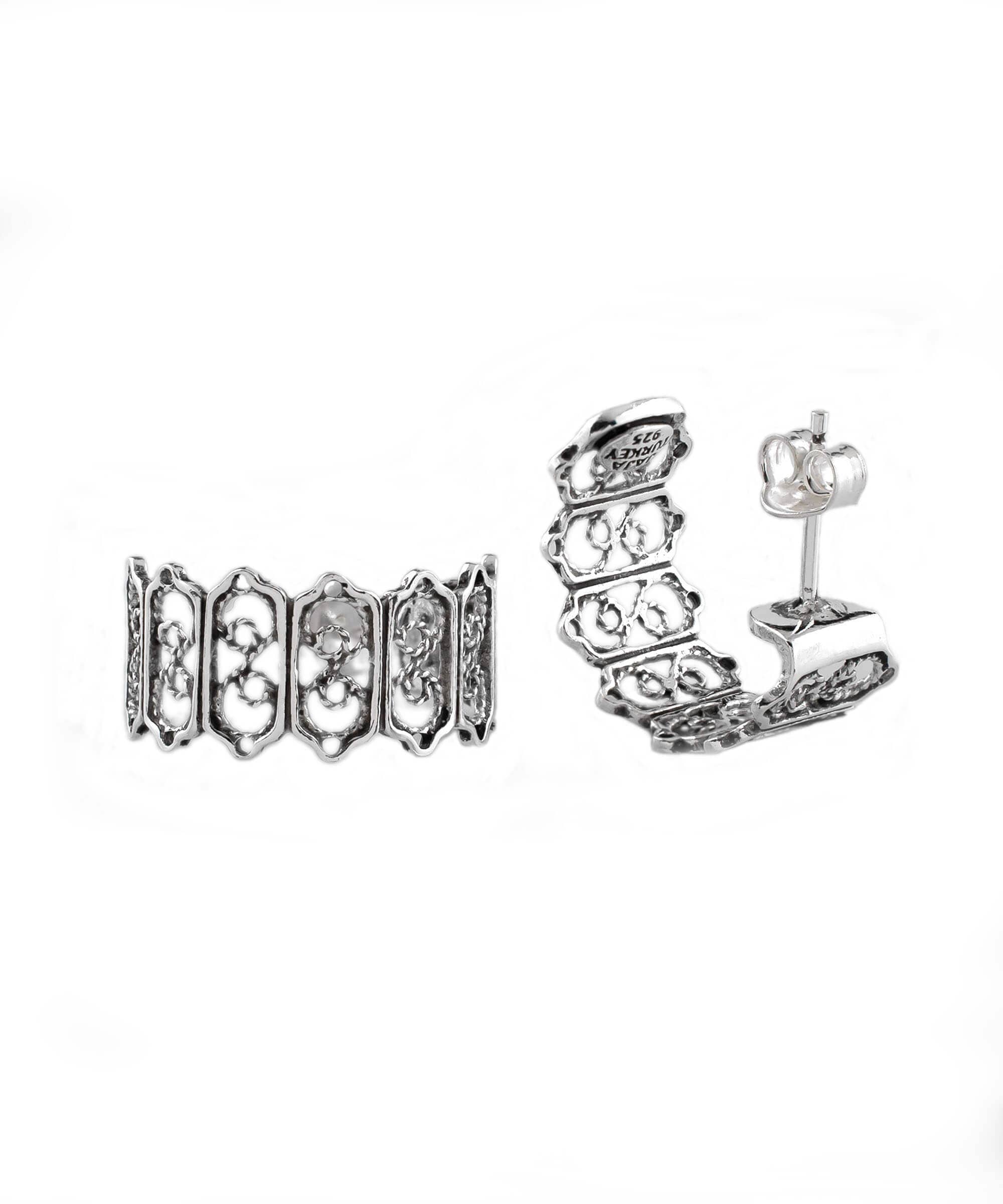 Sterling Silver Filigree Frame Design C-Hoop Stud Earrings for Women