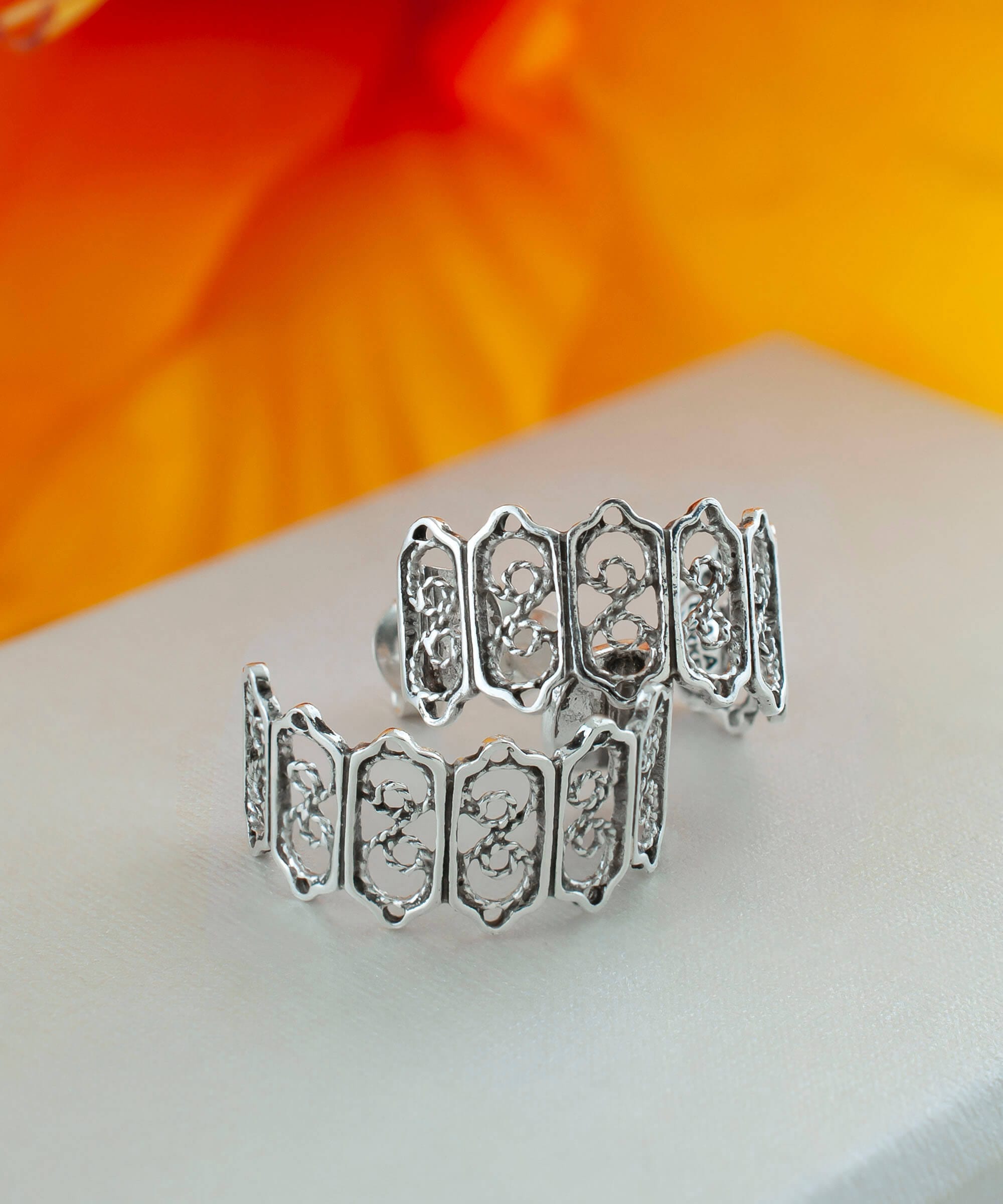 Sterling Silver Filigree Frame Design C-Hoop Stud Earrings for Women