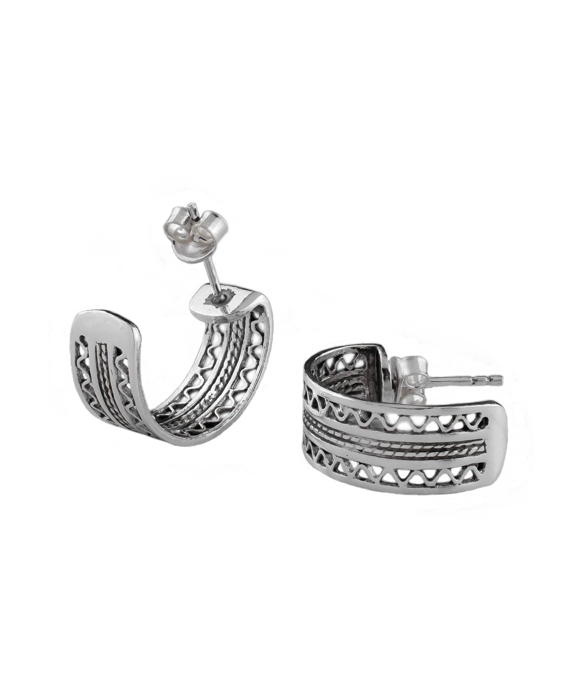 Sterling Silver Filigree Double Wavy Design C-Hoop Stud Earrings for