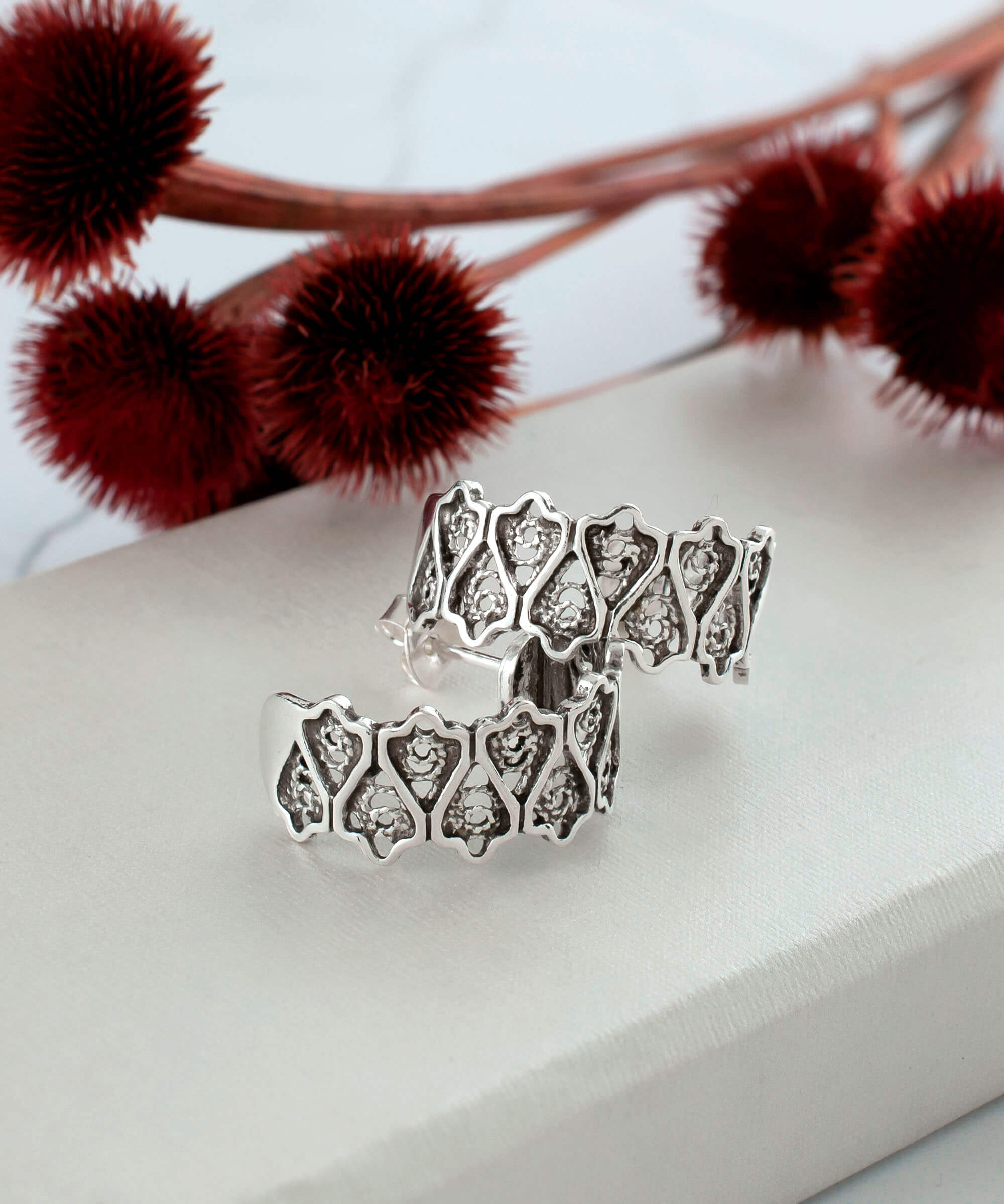 Sterling Silver Filigree Art Women Tulip C Hoop Stud Earrings