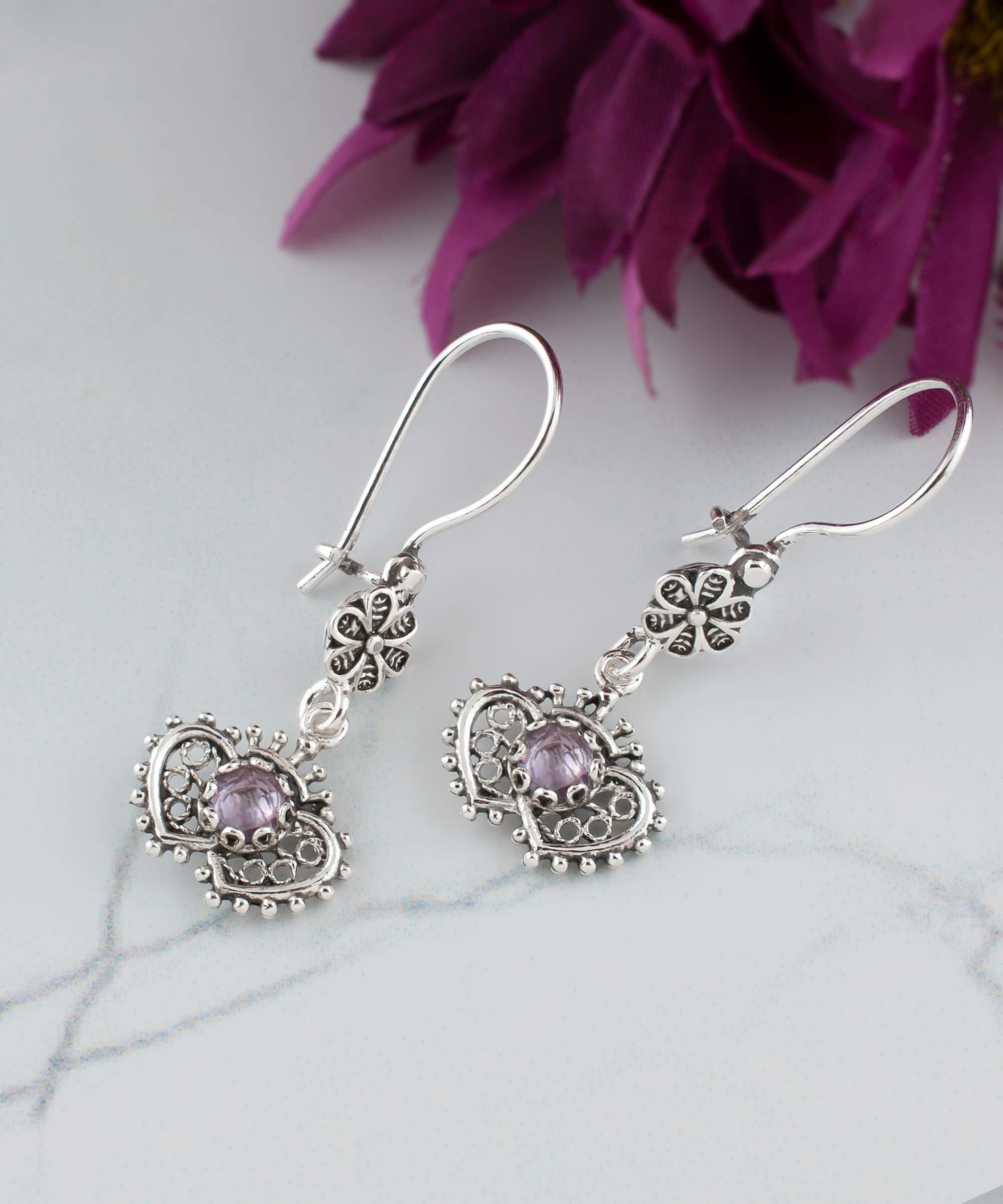 Filigree Art Double Heart Figured Gemstone Women Silver Dangle