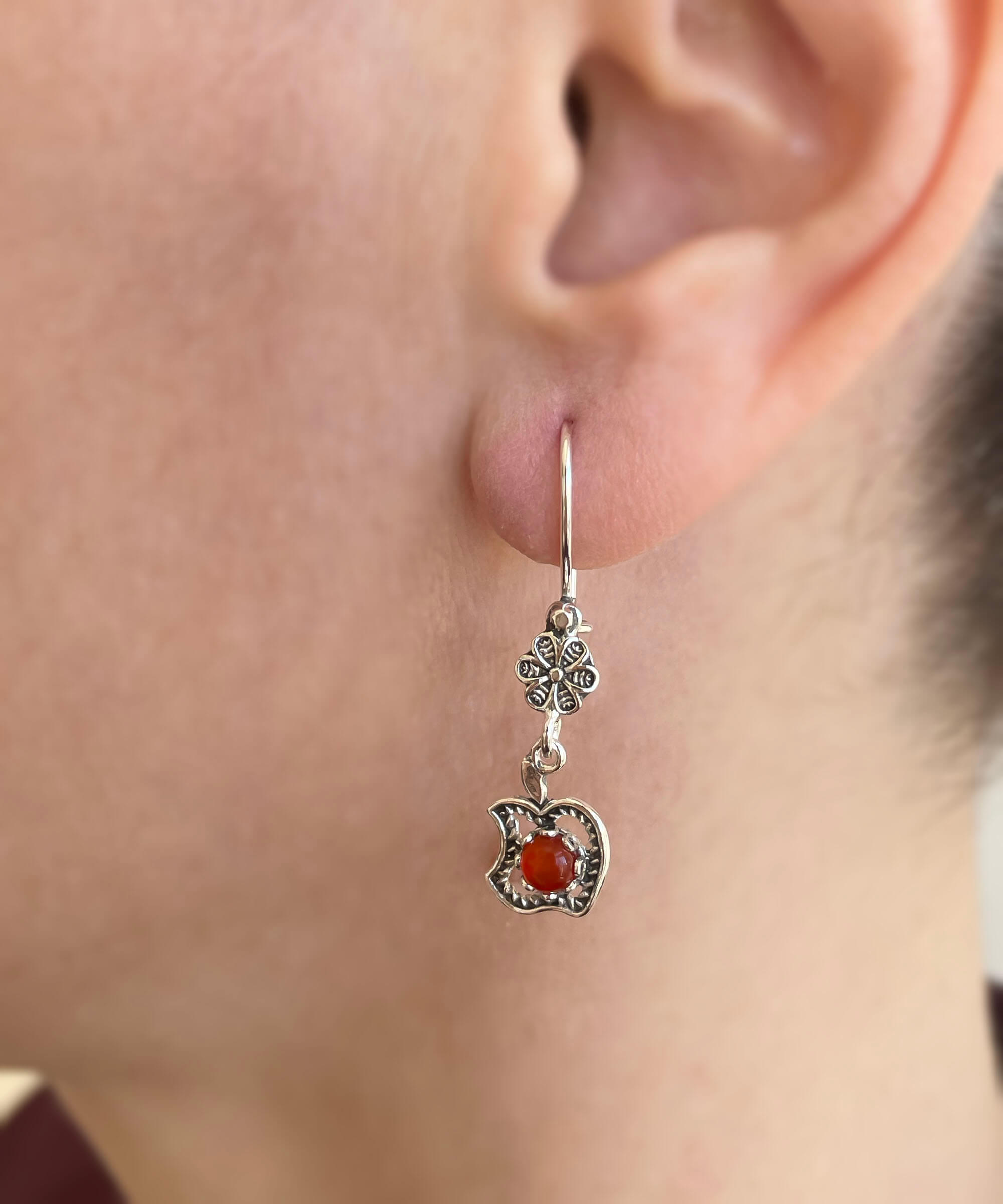 Filigree Apple Design Gemstone Women Silver Dangle Earrings