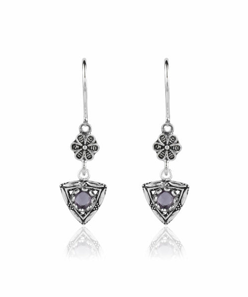 Filigree Art Triangle Shaped Gemstone Women Silver Dangle Earrings