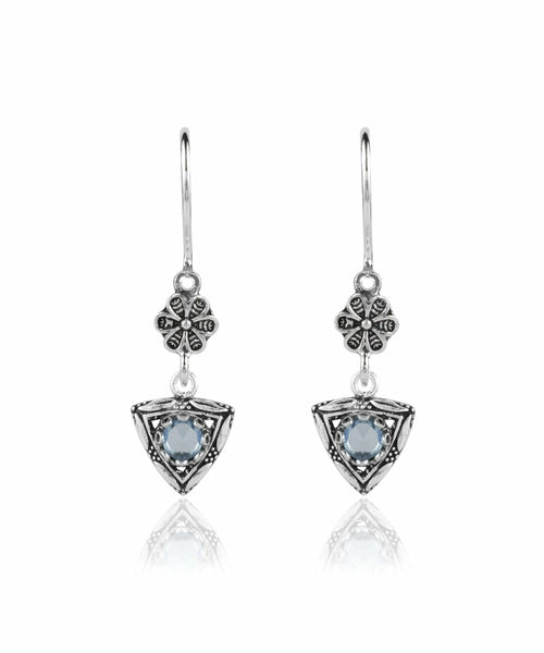 Filigree Art Triangle Shaped Gemstone Women Silver Dangle Earrings