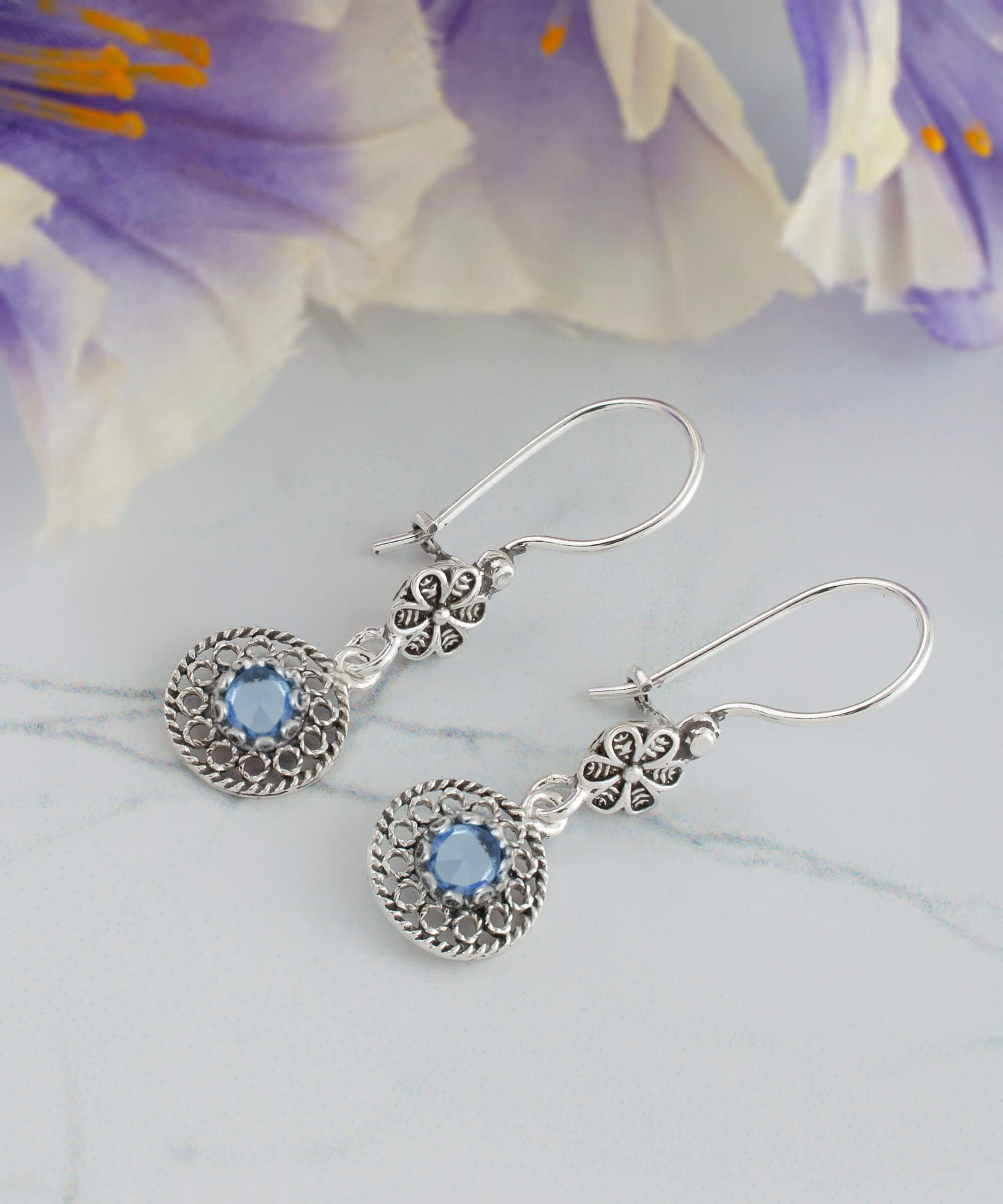 Filigree Art Sun Shaped Gemstone Women Silver Dangle Earrings