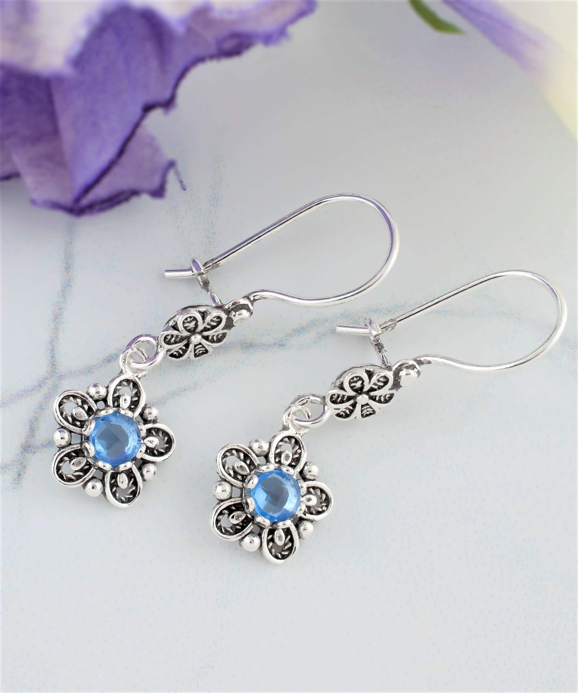 Sterling Silver Filigree Art Star Gemstone Women Dangle Earrings