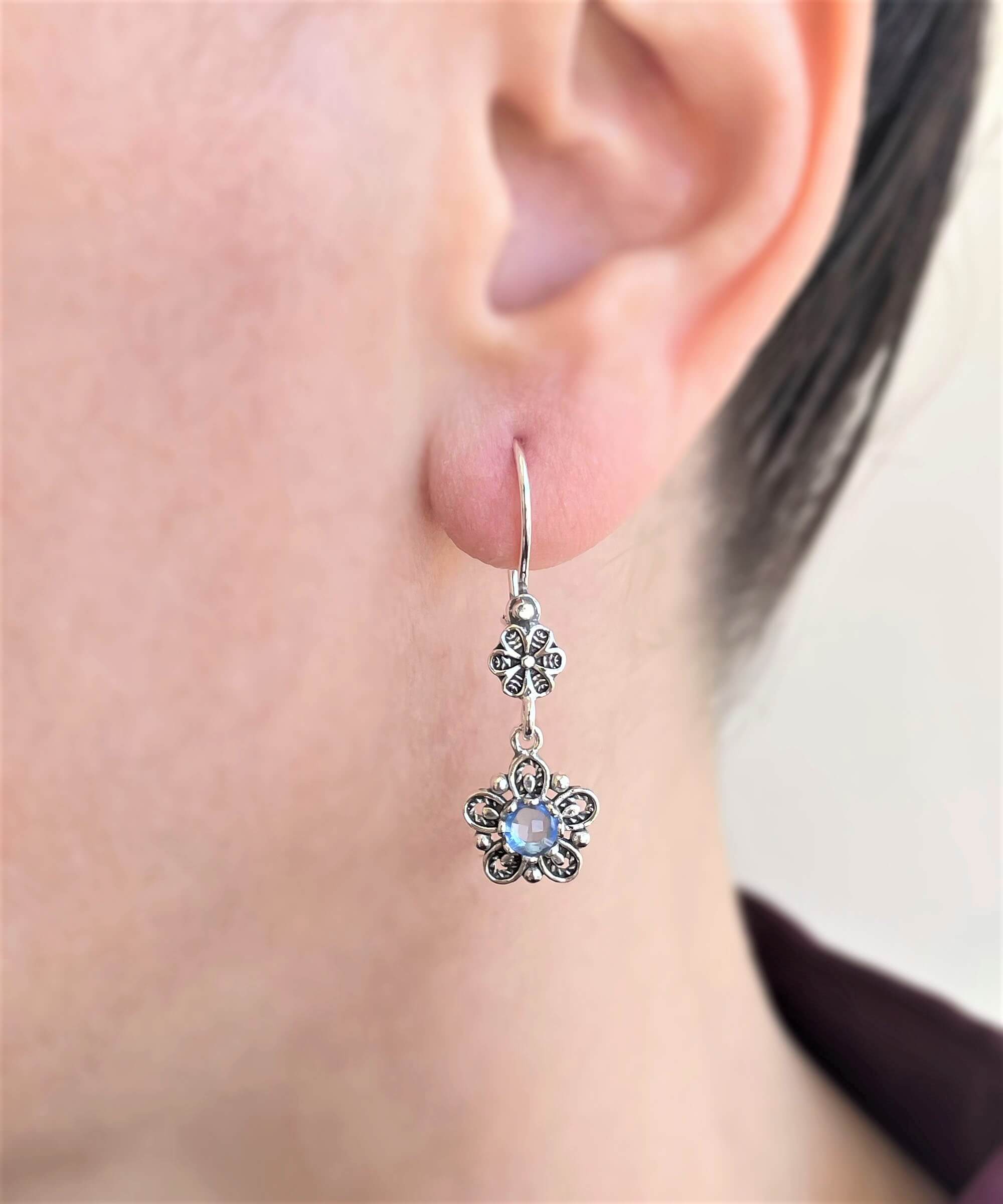 Sterling Silver Filigree Art Star Gemstone Women Dangle Earrings