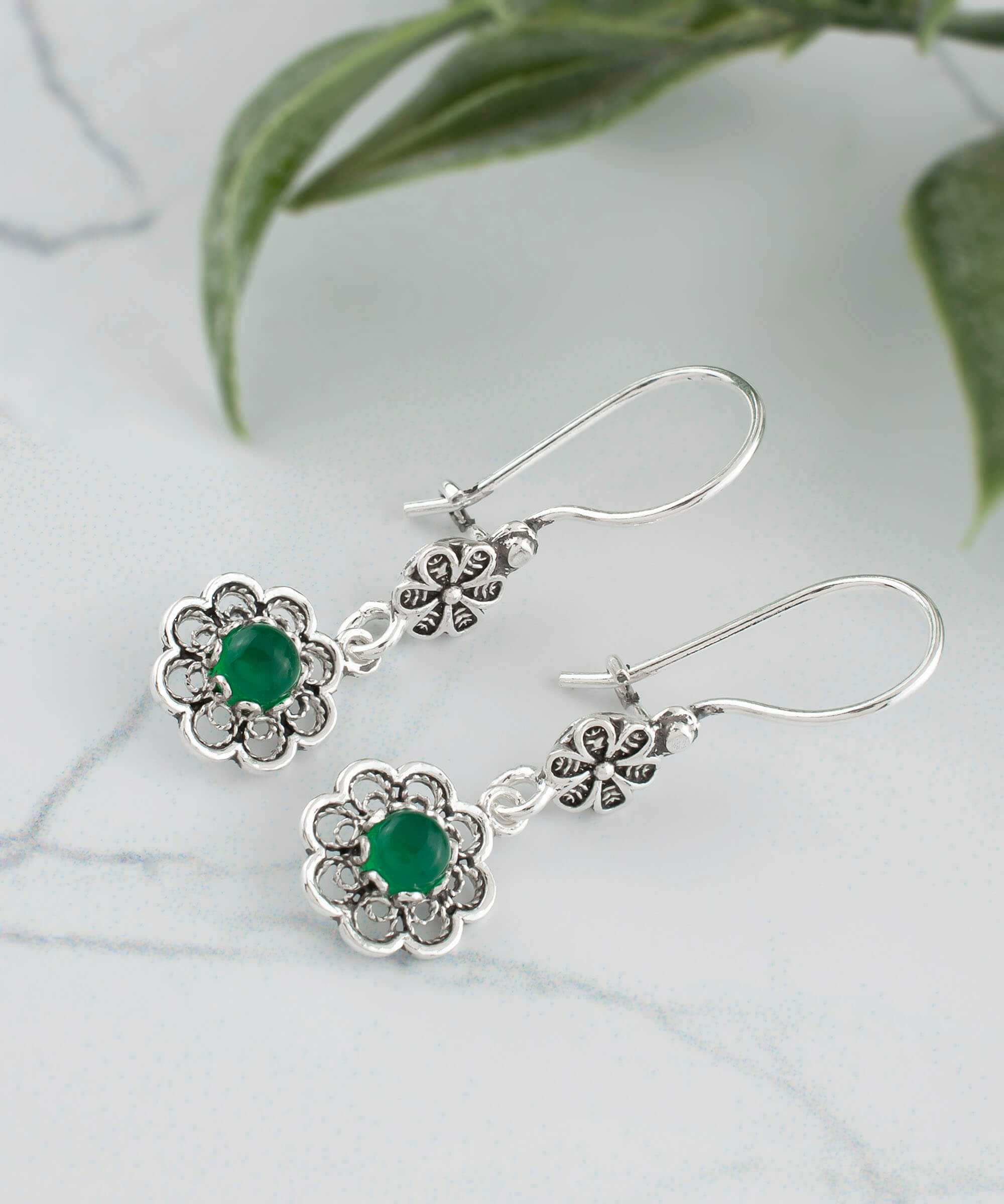 Sterling Silver Filigree Art Floral Gemstone Women Dangle Earrings