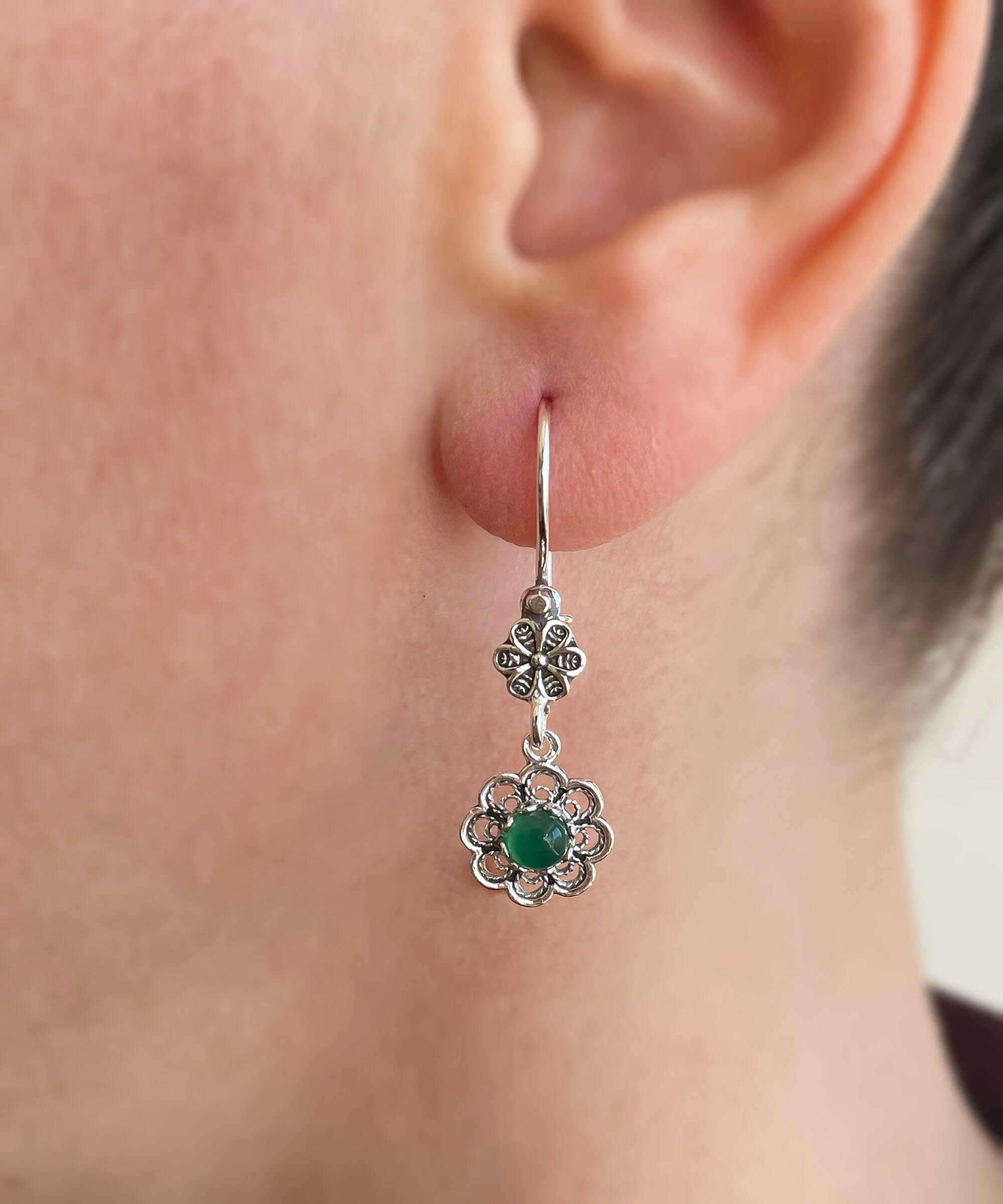 Sterling Silver Filigree Art Floral Gemstone Women Dangle Earrings