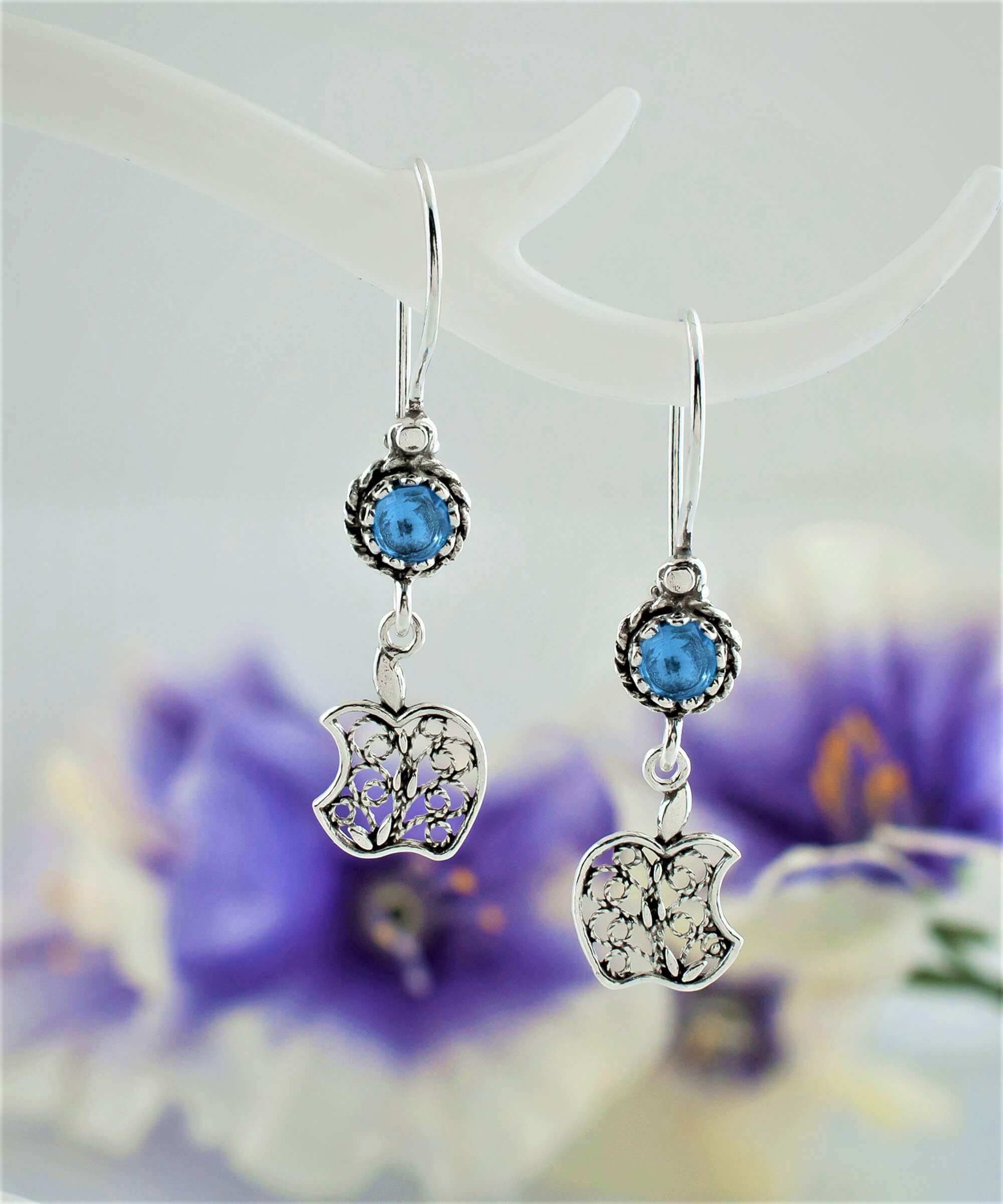 Sterling Silver Filigree Art Apple Shaped Gemstone Women Dangle