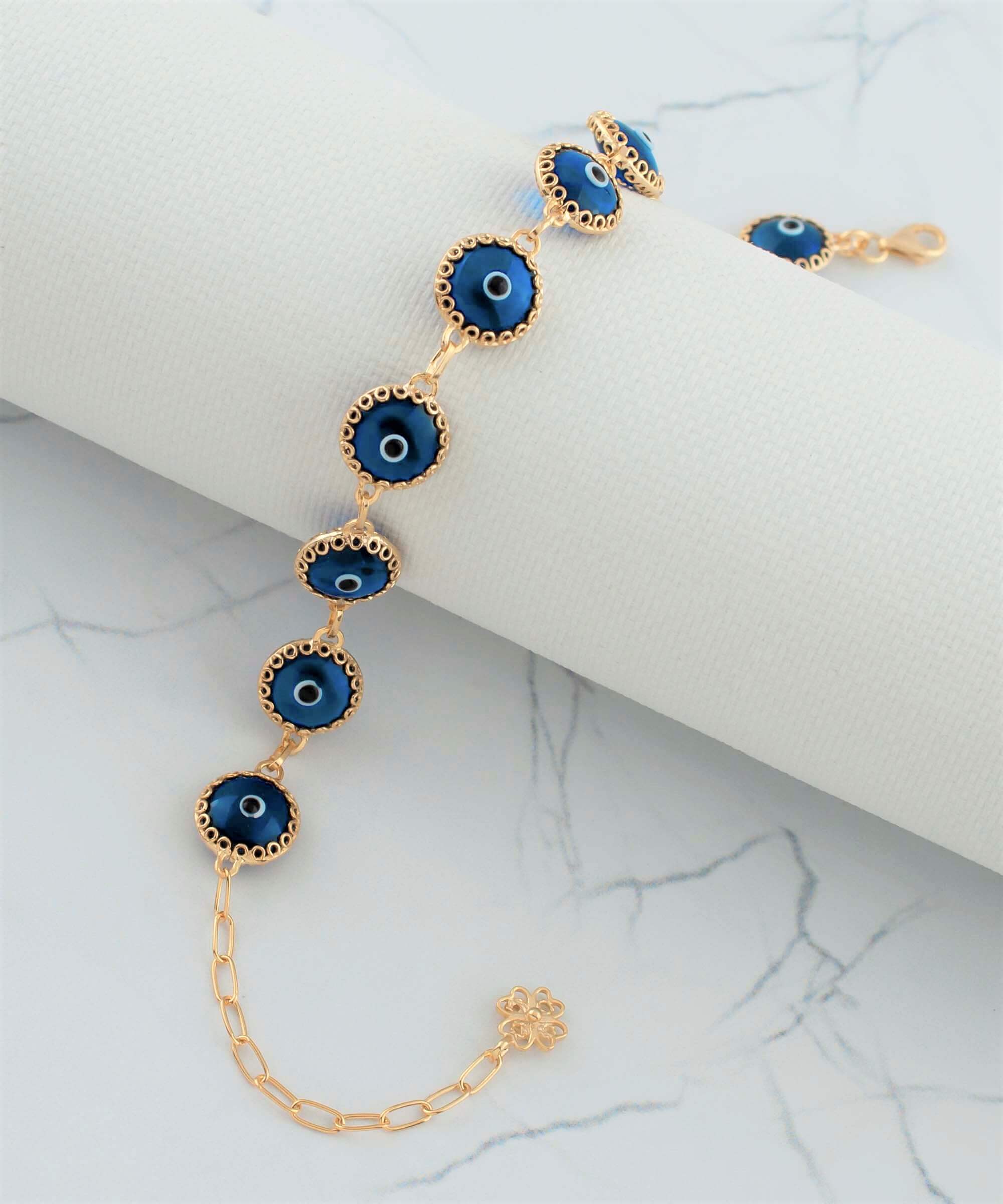 10 Beads Blue Evil Eye Women Gold Plated Silver Link Bracelet