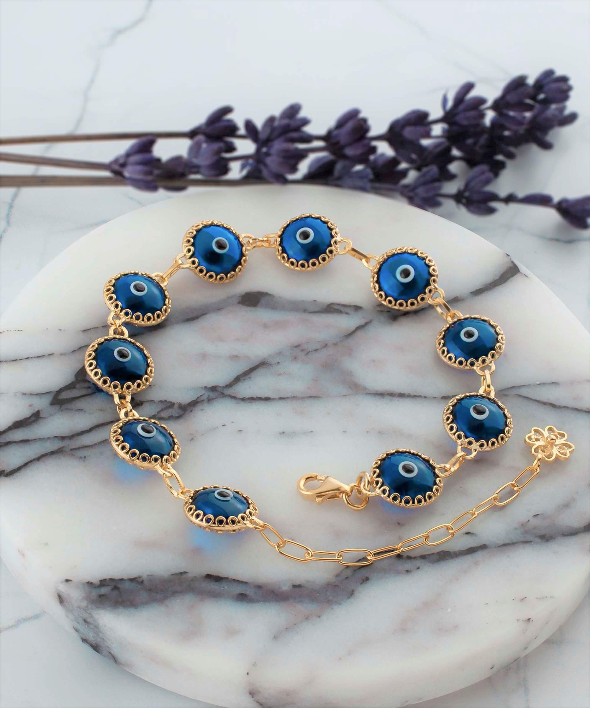 10 Beads Blue Evil Eye Women Gold Plated Silver Link Bracelet