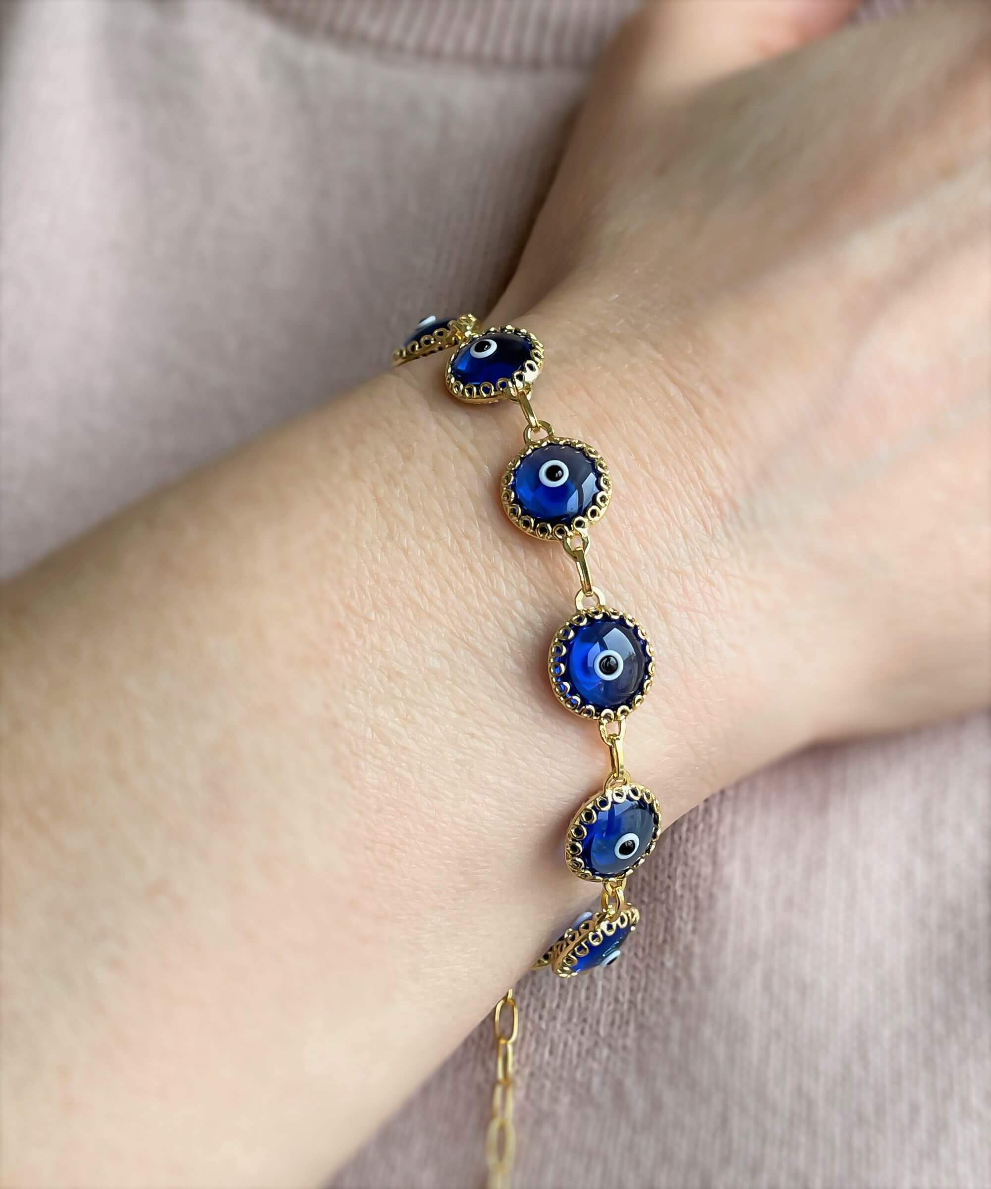 10 Beads Blue Evil Eye Women Gold Plated Silver Link Bracelet