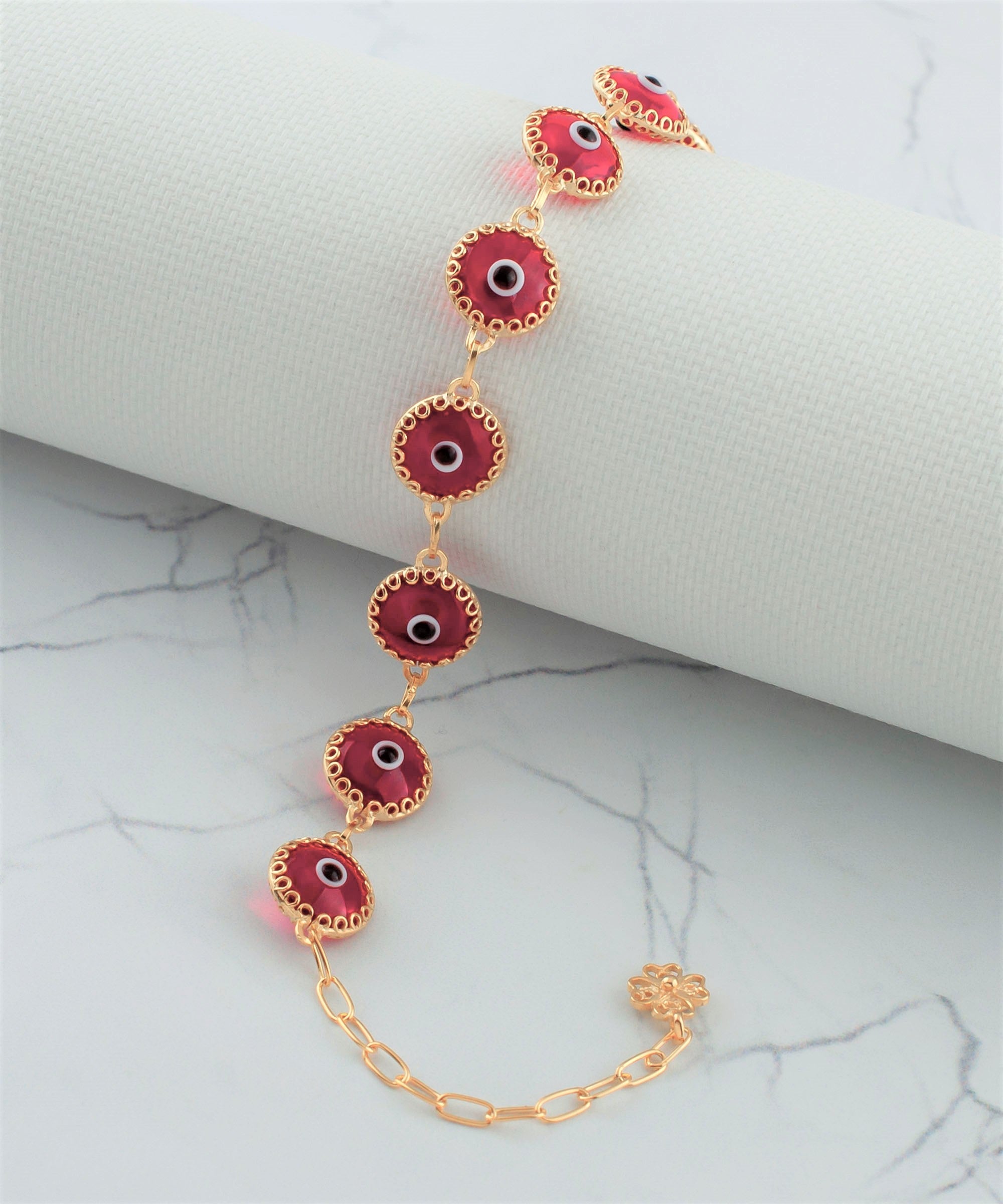 10 Beads Scarlet Evil Eye Women Gold Plated Silver Link Bracelet