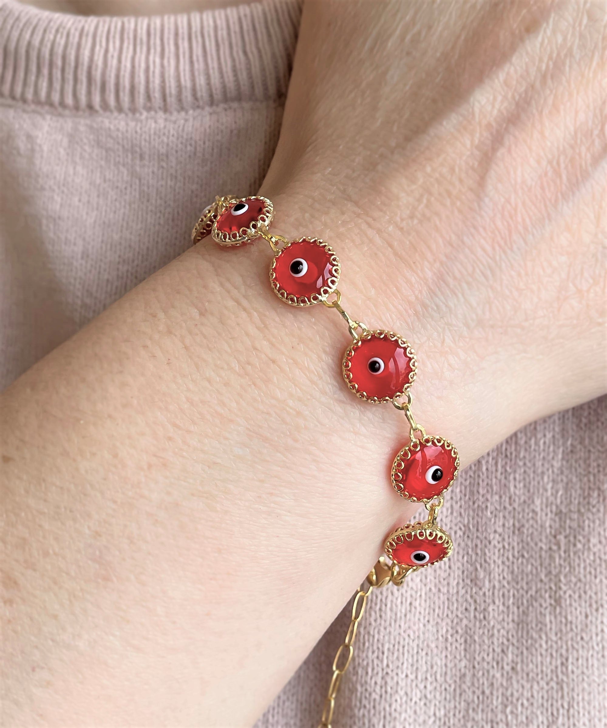 10 Beads Scarlet Evil Eye Women Gold Plated Silver Link Bracelet