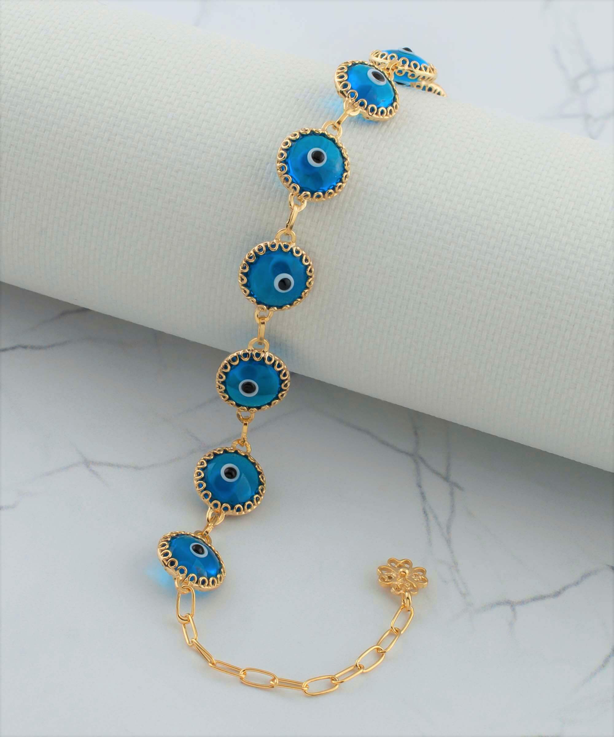 10 Beads Lapis Blue Evil Eye Women Gold Plated Silver Link Bracelet