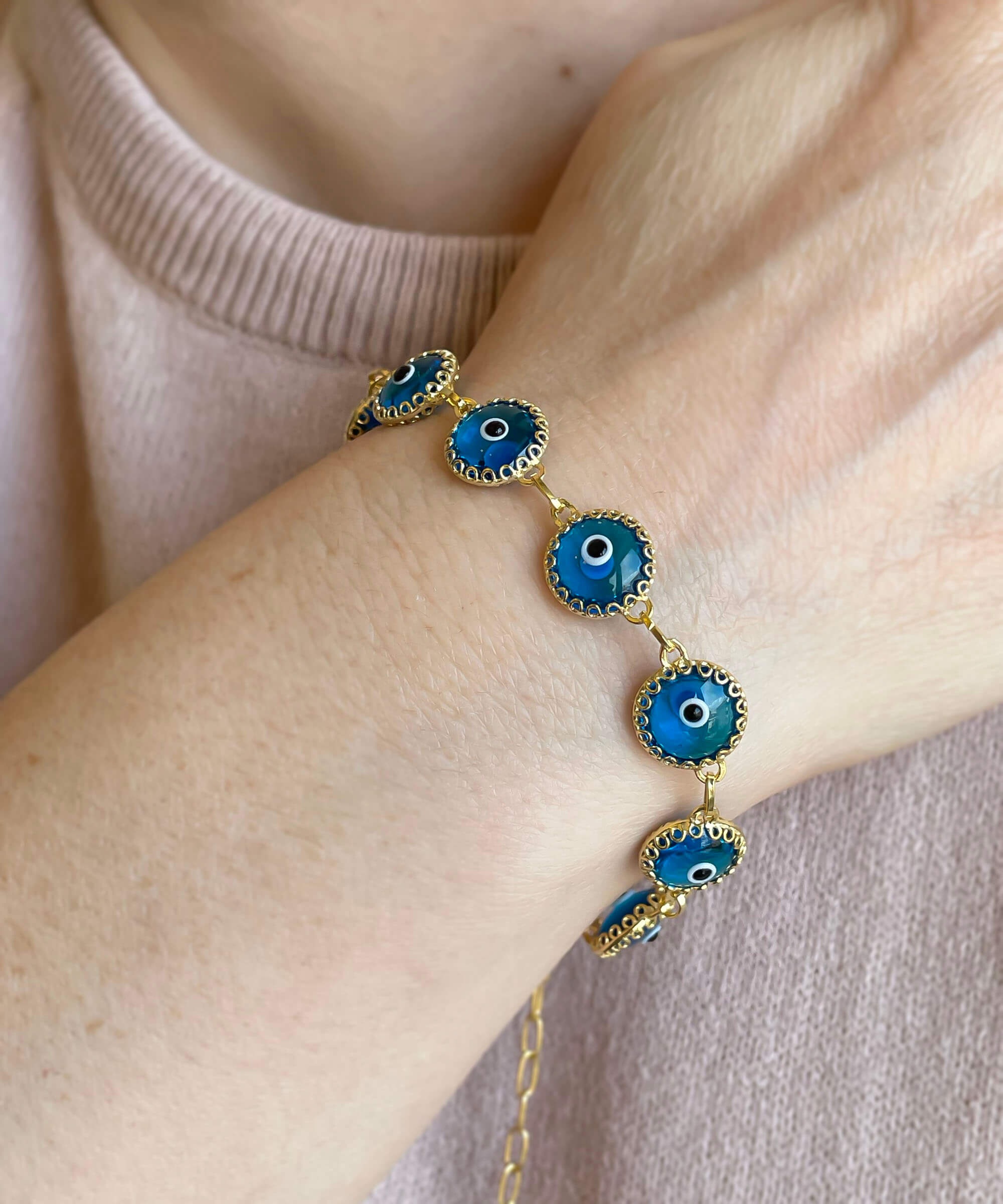 10 Beads Lapis Blue Evil Eye Women Gold Plated Silver Link Bracelet