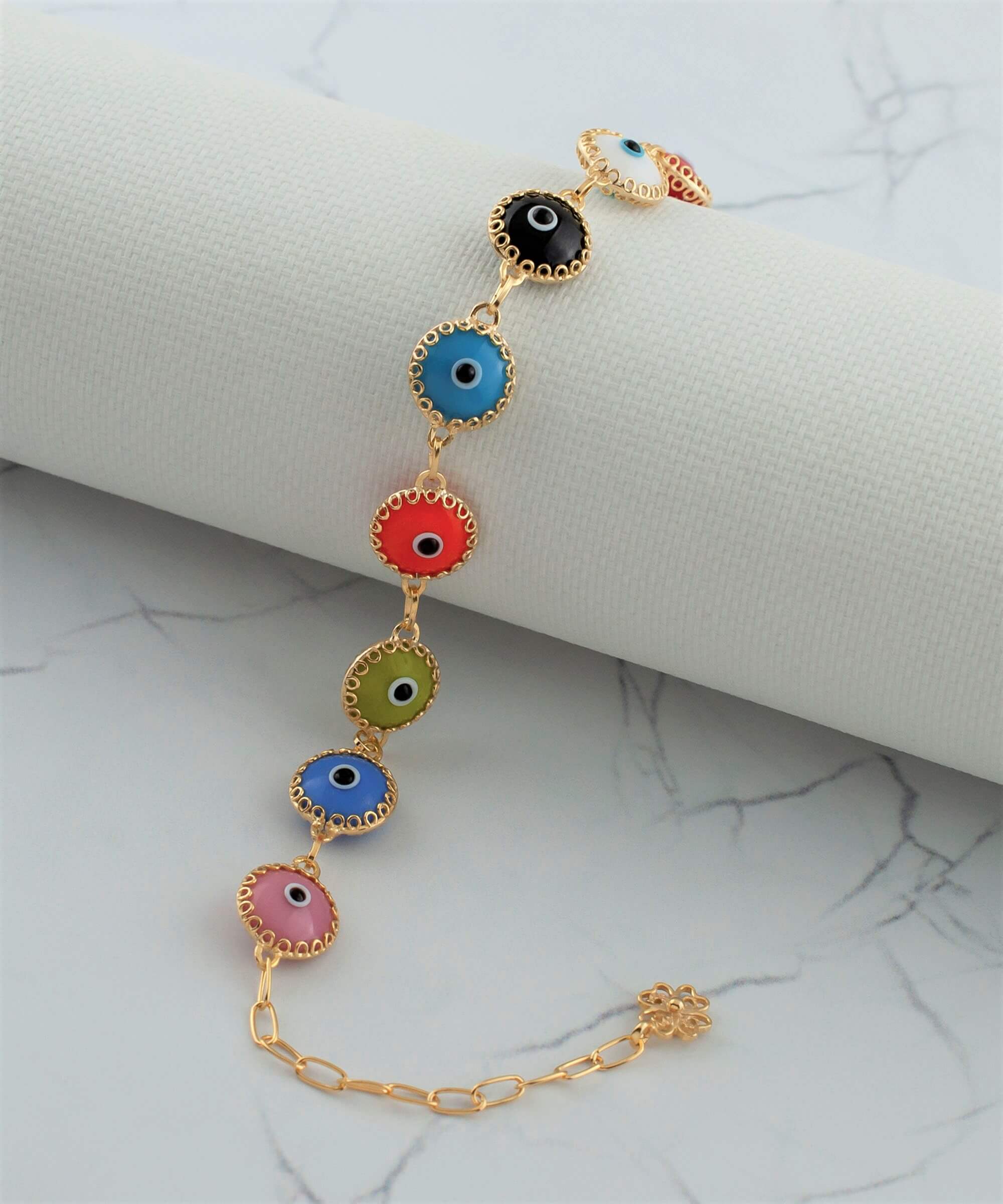 10 Beads Multicolor Evil Eye Women Gold Plated Silver Link Bracelet