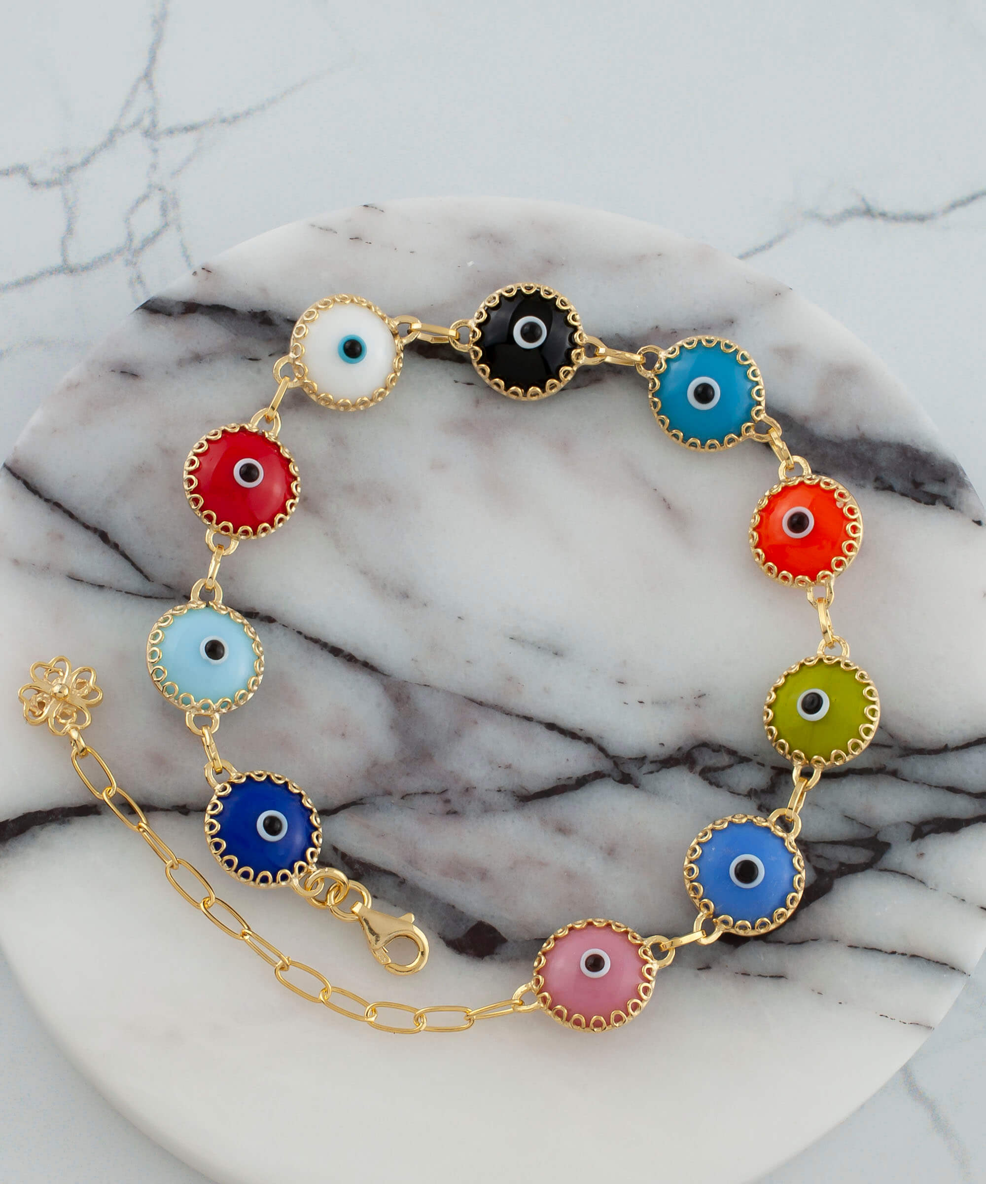 10 Beads Multicolor Evil Eye Women Gold Plated Silver Link Bracelet