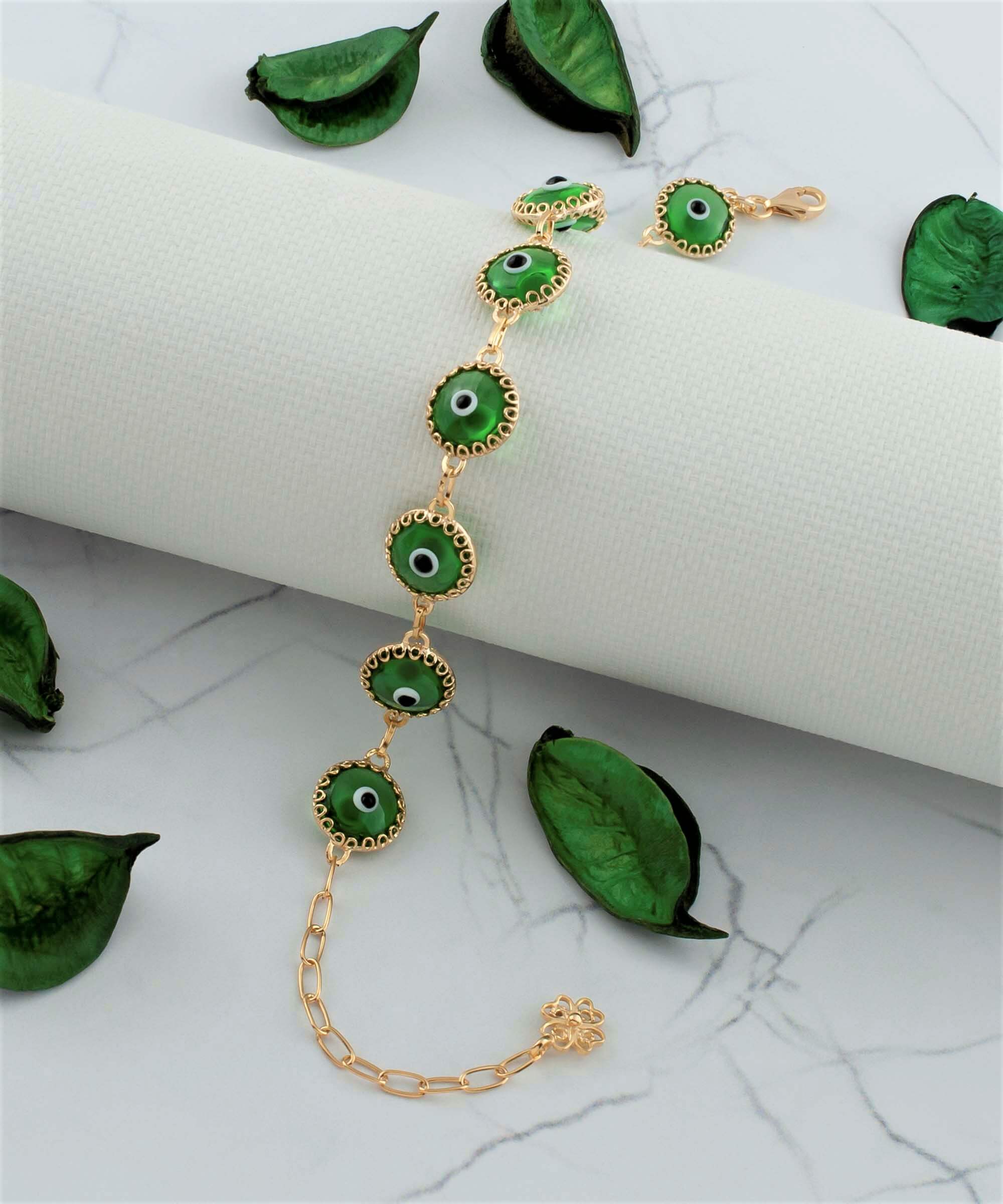 10 Beads Mint Green Evil Eye Women Gold Plated Silver Link Bracelet