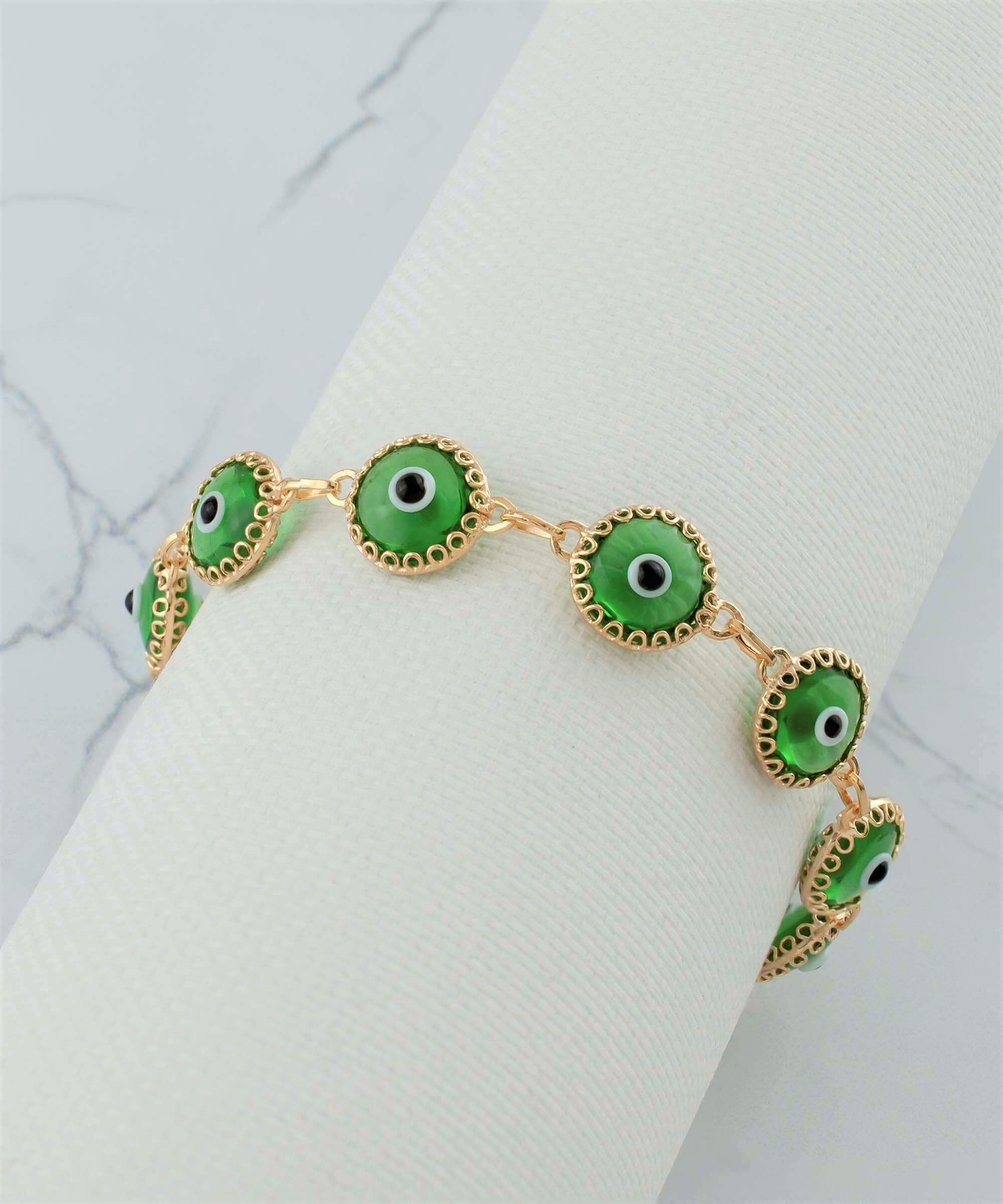 10 Beads Mint Green Evil Eye Women Gold Plated Silver Link Bracelet