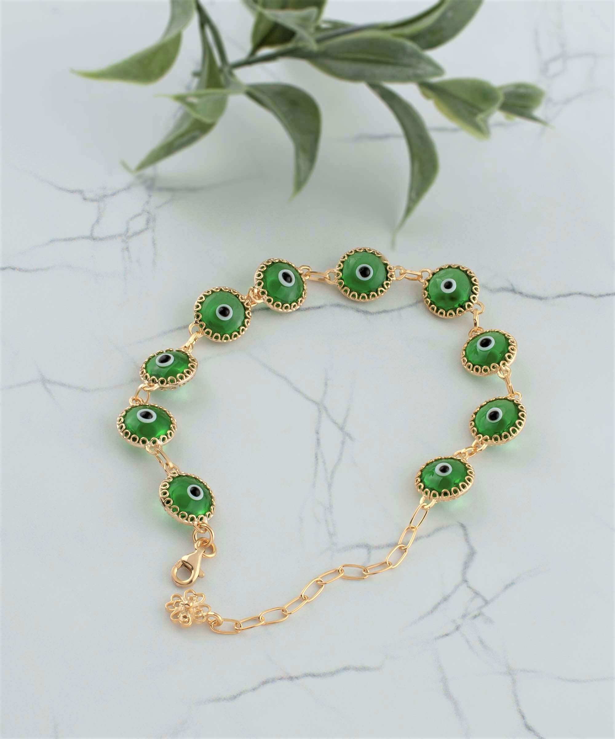 10 Beads Mint Green Evil Eye Women Gold Plated Silver Link Bracelet